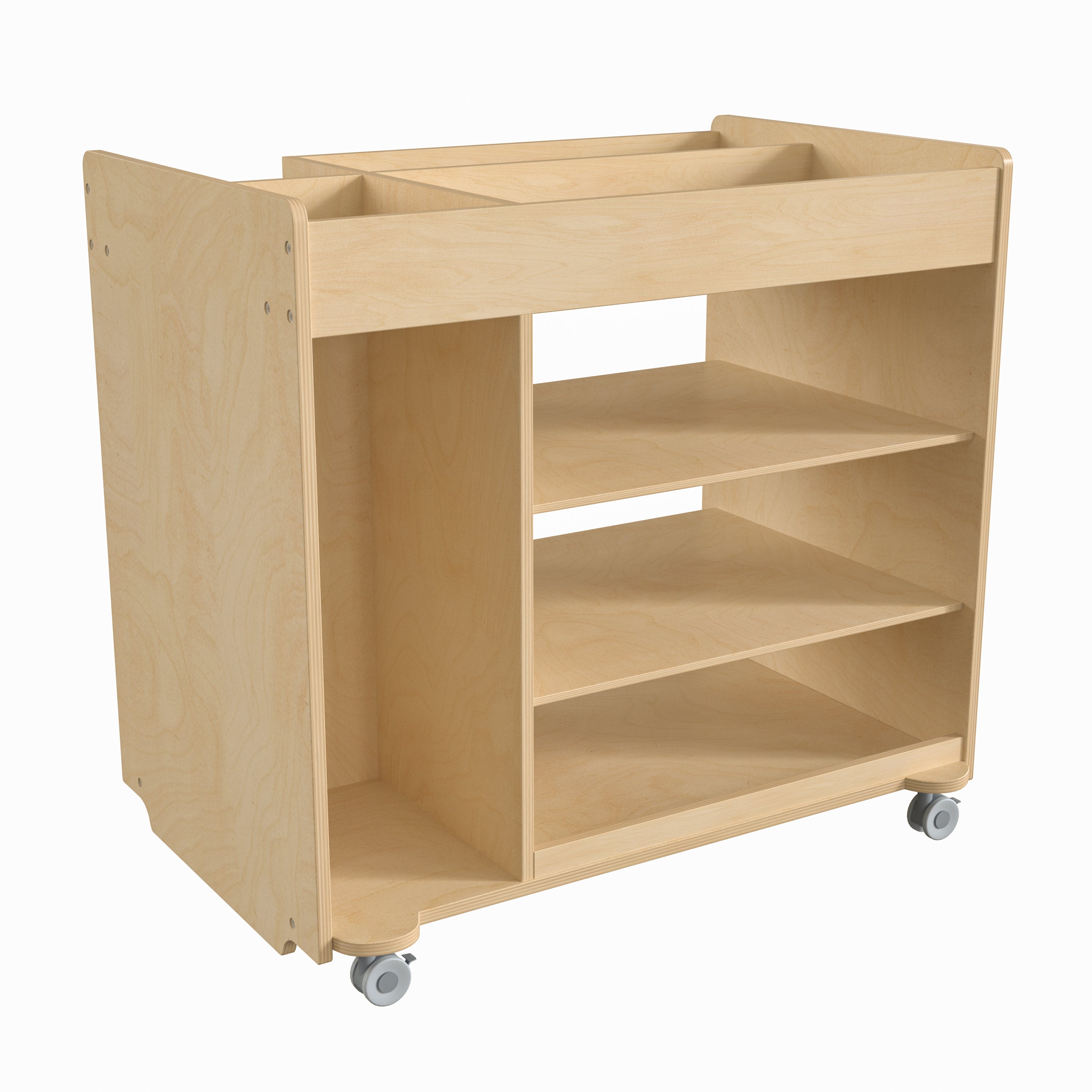 Bright Beginnings Commercial Wooden Mobile Storage Cart with Space Saving Vertical and Horizontal Storage Compartments, Locking Caster Wheels, Natural