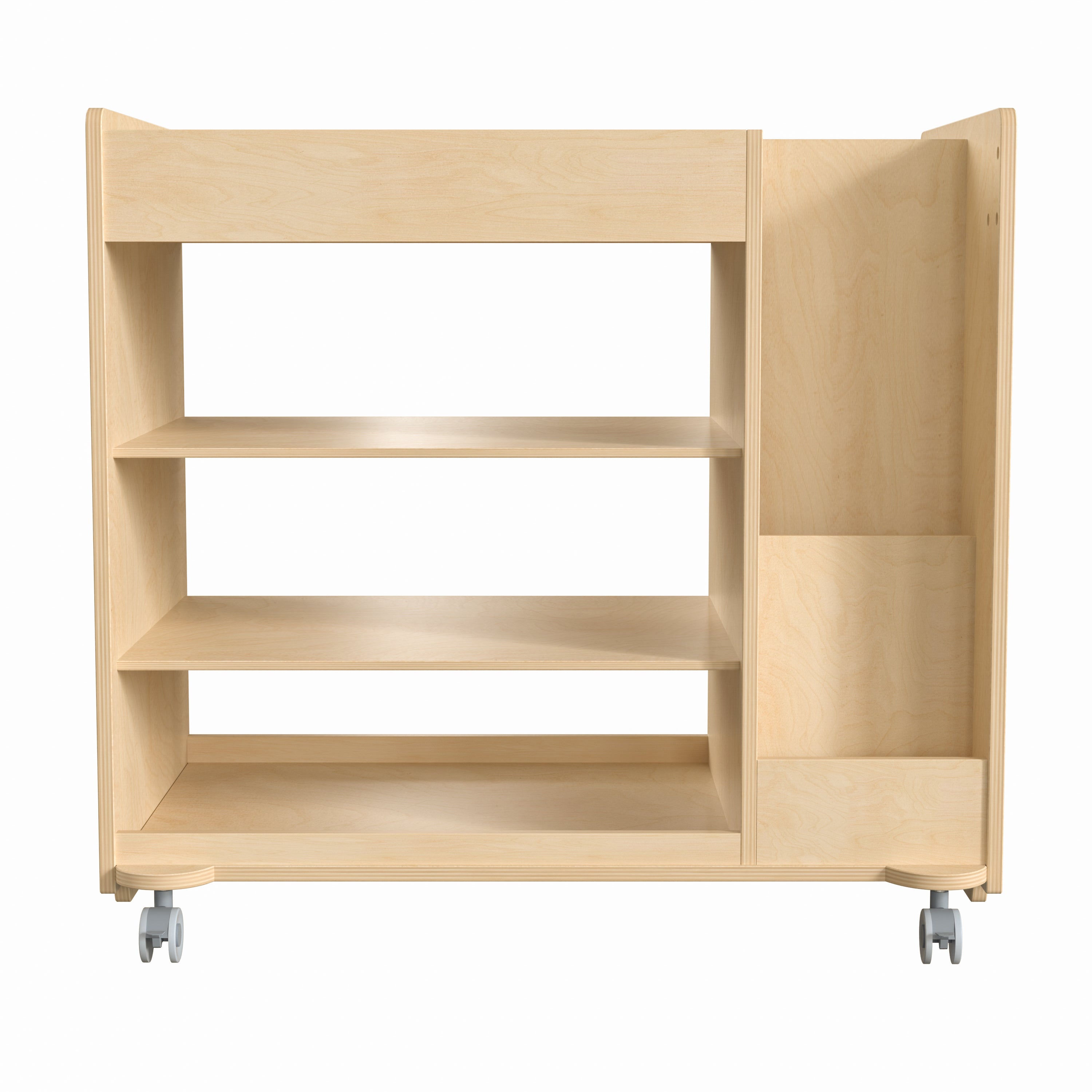 Bright Beginnings Commercial Wooden Mobile Storage Cart with Space Saving Vertical and Horizontal Storage Compartments, Locking Caster Wheels, Natural