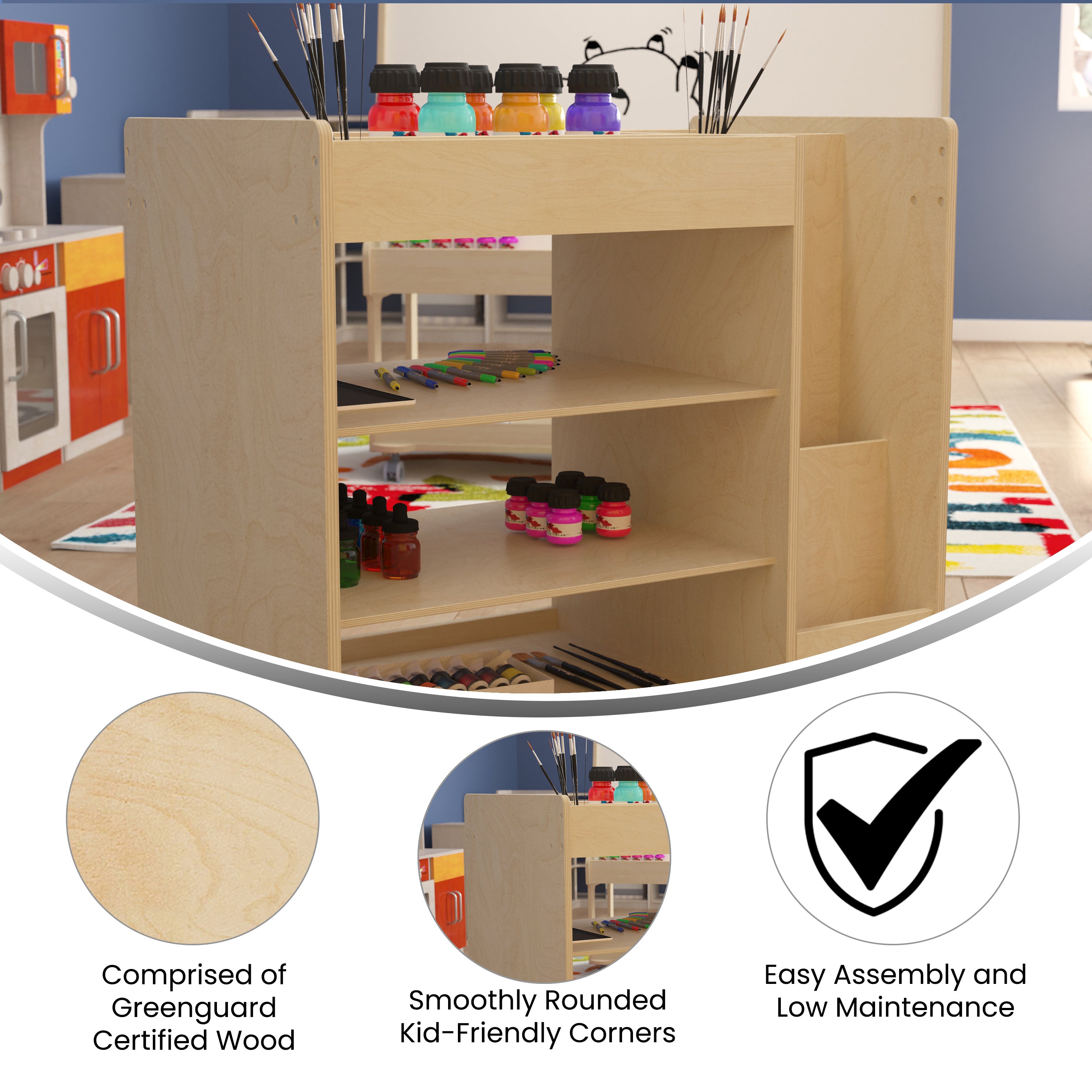 Bright Beginnings Commercial Wooden Mobile Storage Cart with Space Saving Vertical and Horizontal Storage Compartments, Locking Caster Wheels, Natural