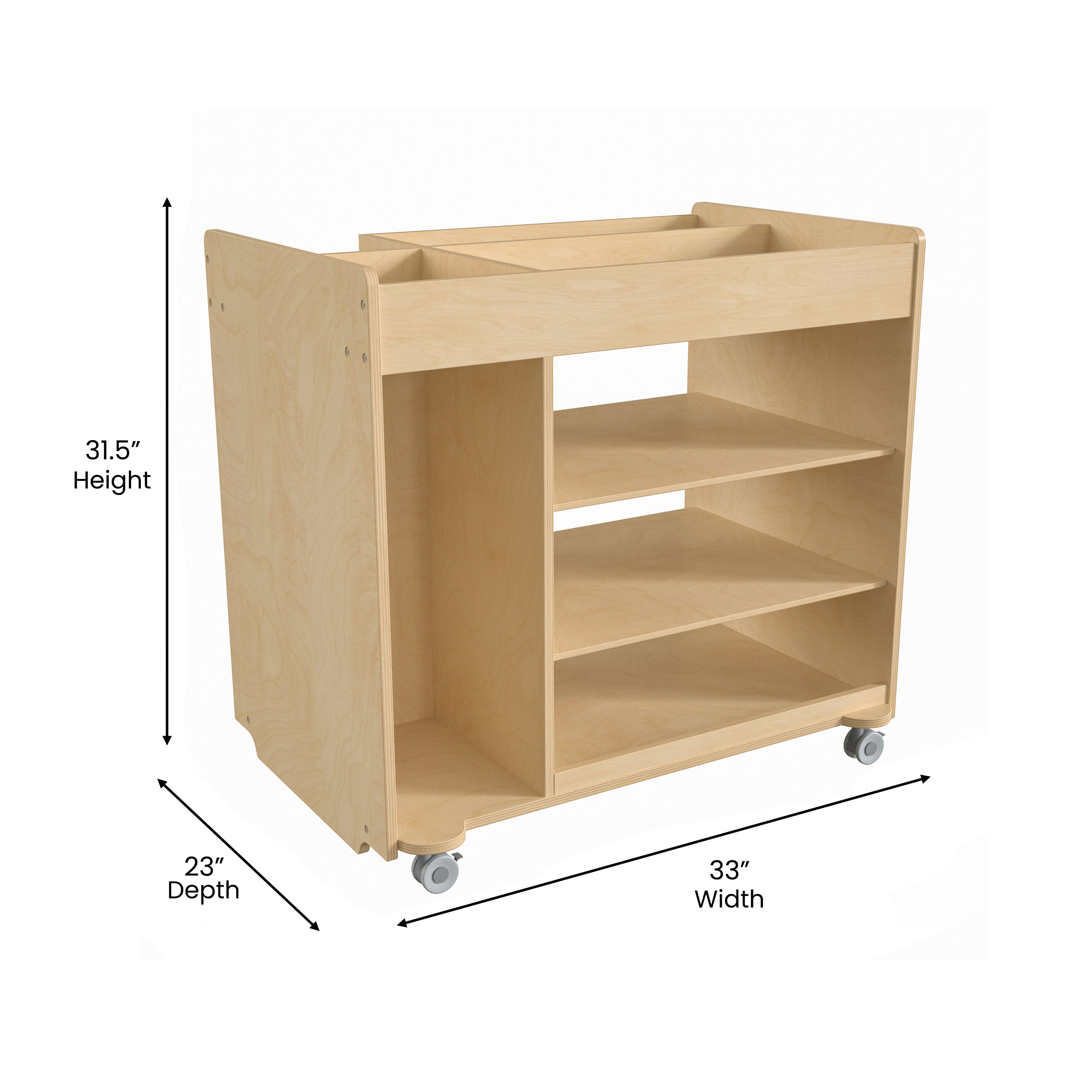 Bright Beginnings Commercial Wooden Mobile Storage Cart with Space Saving Vertical and Horizontal Storage Compartments, Locking Caster Wheels, Natural