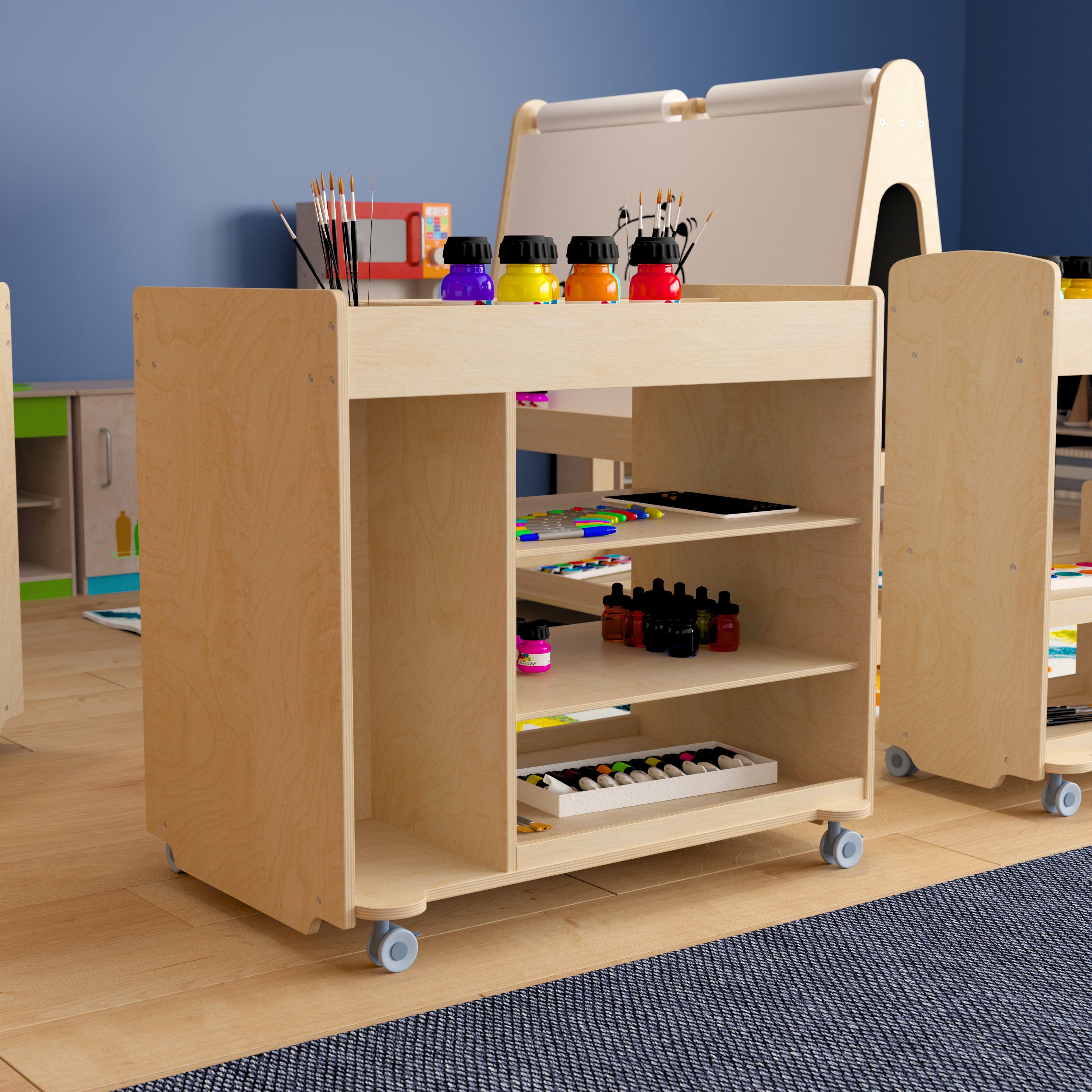 Bright Beginnings Commercial Wooden Mobile Storage Cart with Space Saving Vertical and Horizontal Storage Compartments, Locking Caster Wheels, Natural