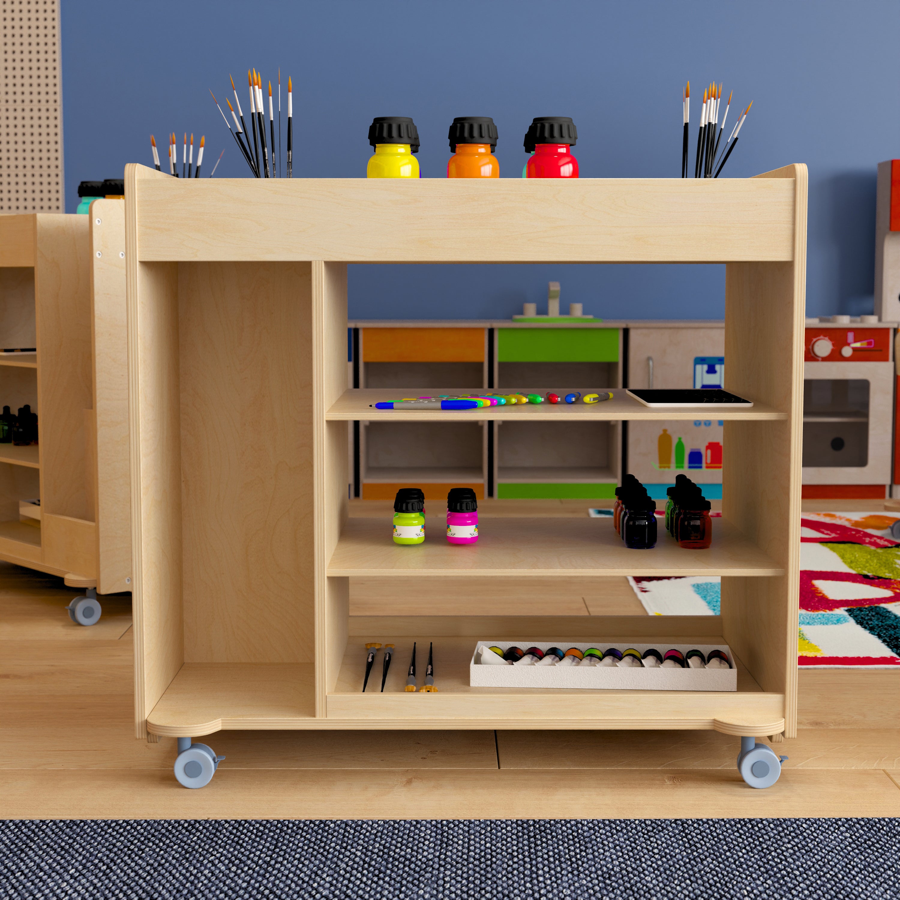Bright Beginnings Commercial Wooden Mobile Storage Cart with Space Saving Vertical and Horizontal Storage Compartments, Locking Caster Wheels, Natural