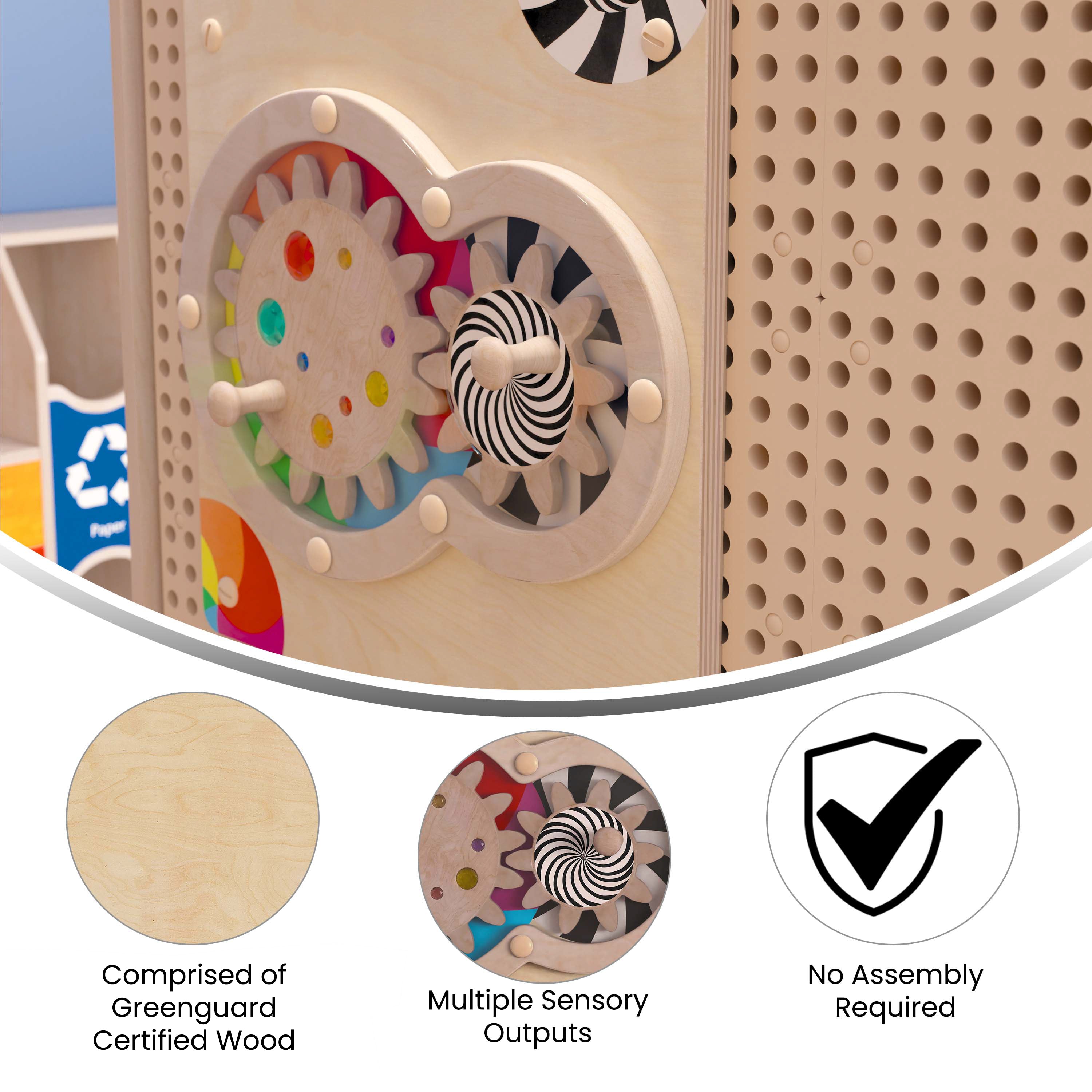 Bright Beginnings Commercial Grade STEAM Wall Activity Board with Natural Finish and Multicolor Accents, Turning Gears