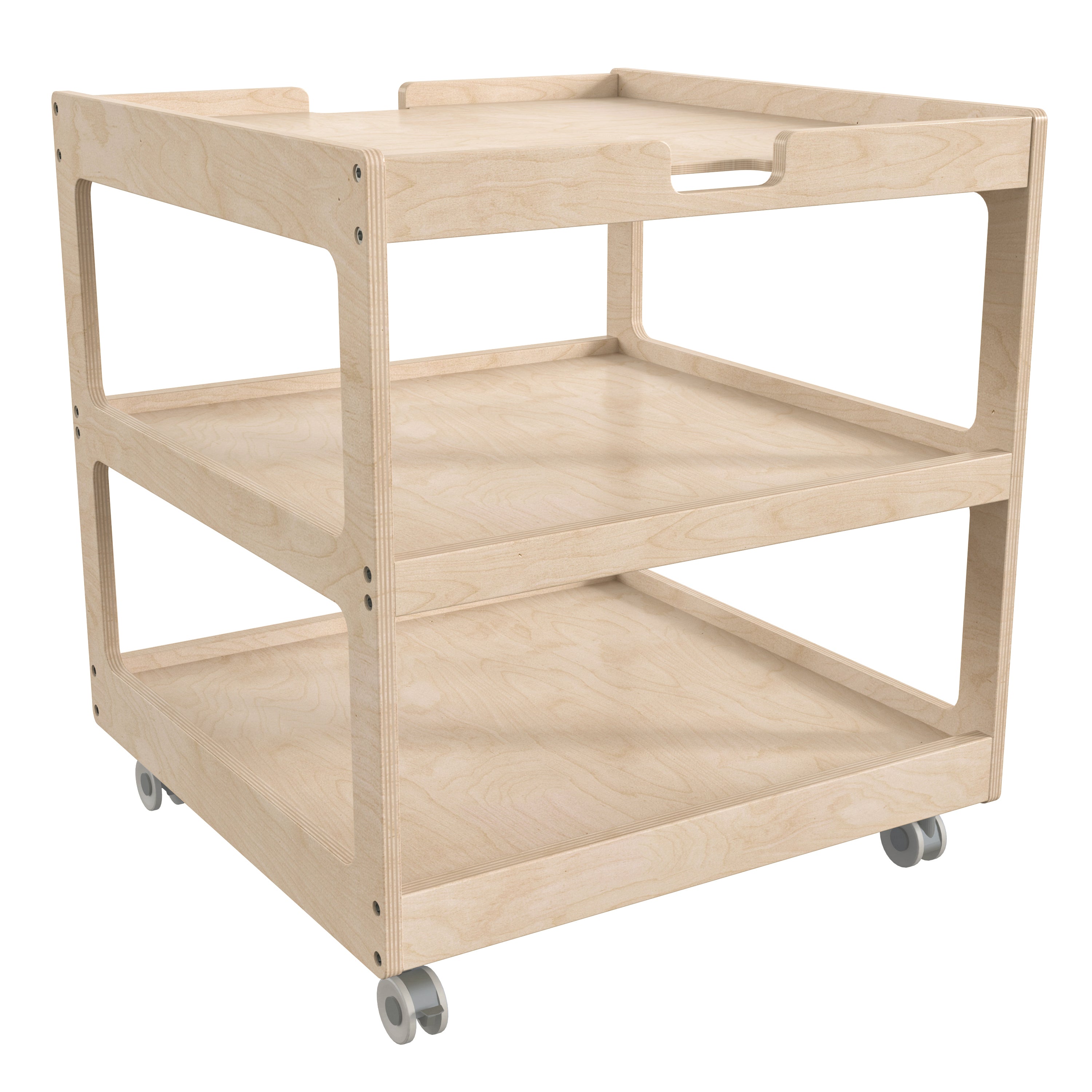 Bright Beginnings Commercial 3 Shelf Square Space Saving Wooden Mobile Classroom Storage Cart, Locking Caster Wheels, Kid Friendly Design, Natural