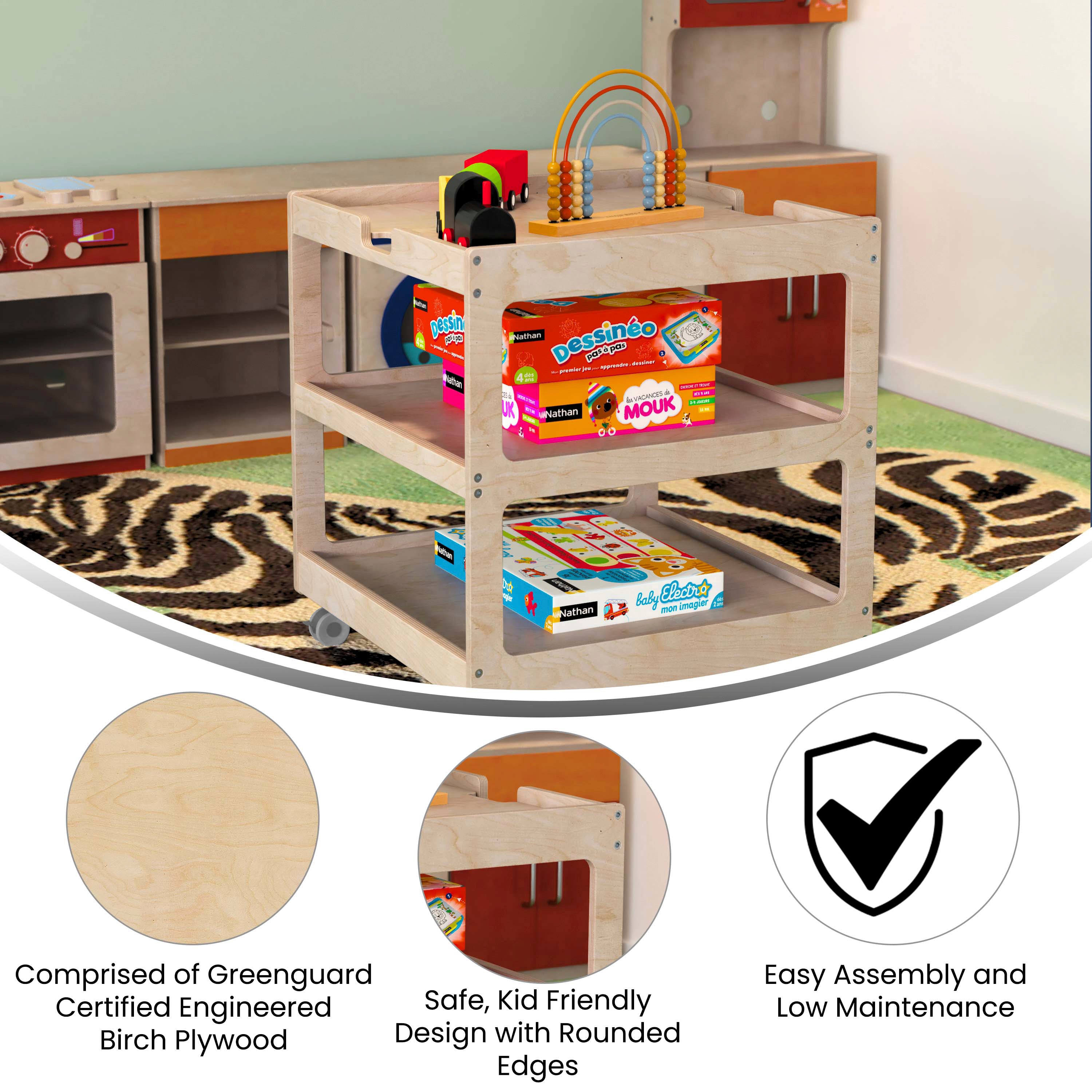 Bright Beginnings Commercial 3 Shelf Square Space Saving Wooden Mobile Classroom Storage Cart, Locking Caster Wheels, Kid Friendly Design, Natural