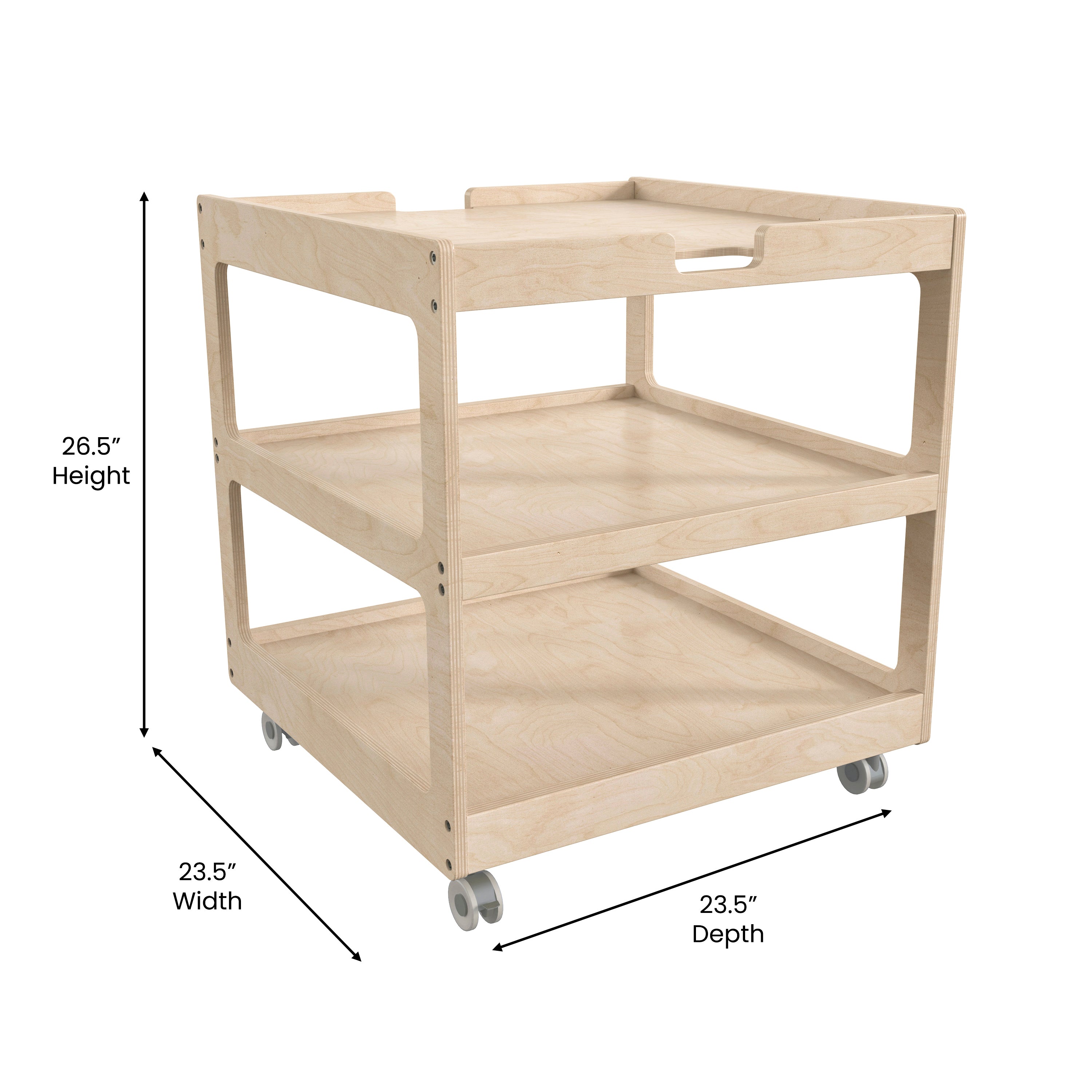 Bright Beginnings Commercial 3 Shelf Square Space Saving Wooden Mobile Classroom Storage Cart, Locking Caster Wheels, Kid Friendly Design, Natural