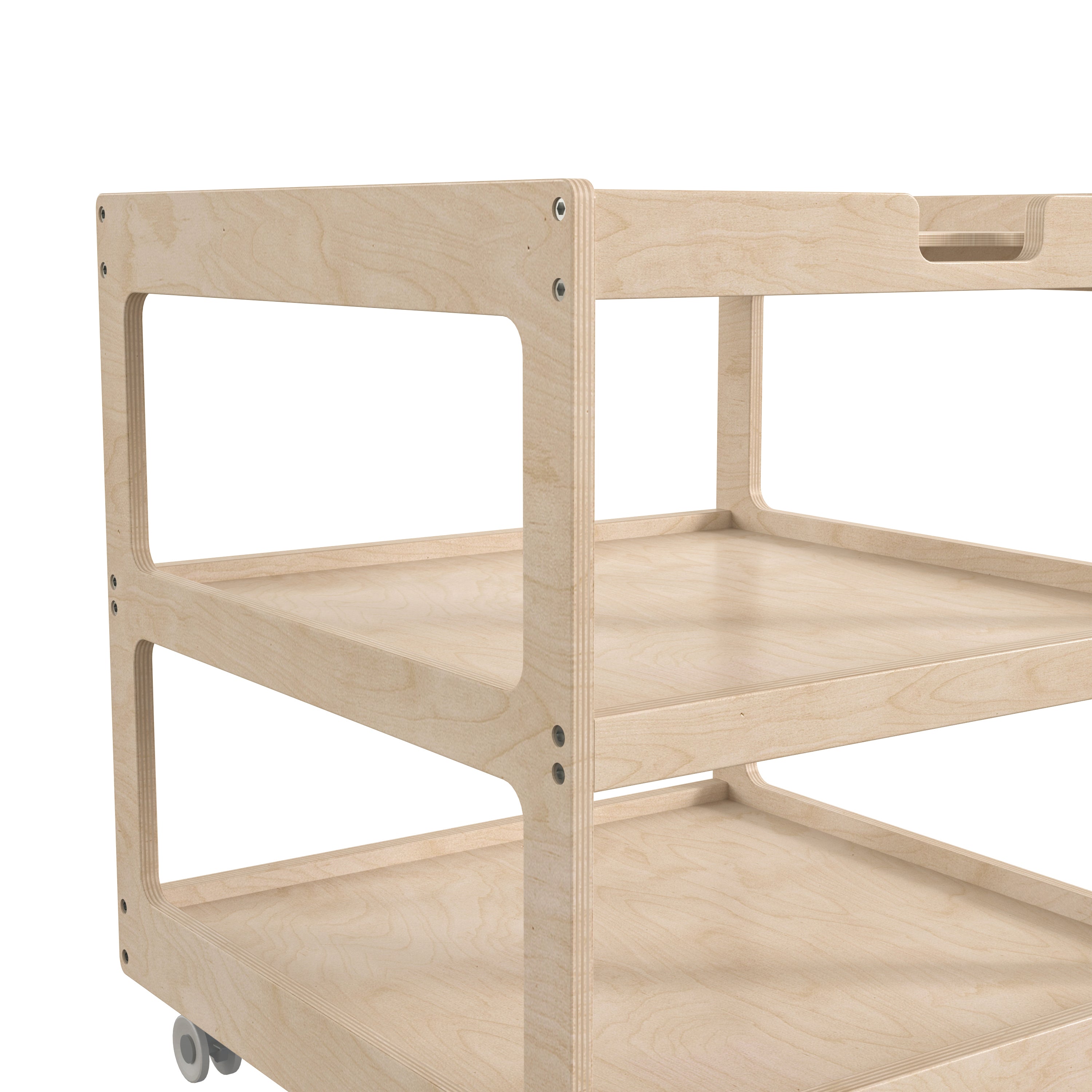 Bright Beginnings Commercial 3 Shelf Square Space Saving Wooden Mobile Classroom Storage Cart, Locking Caster Wheels, Kid Friendly Design, Natural