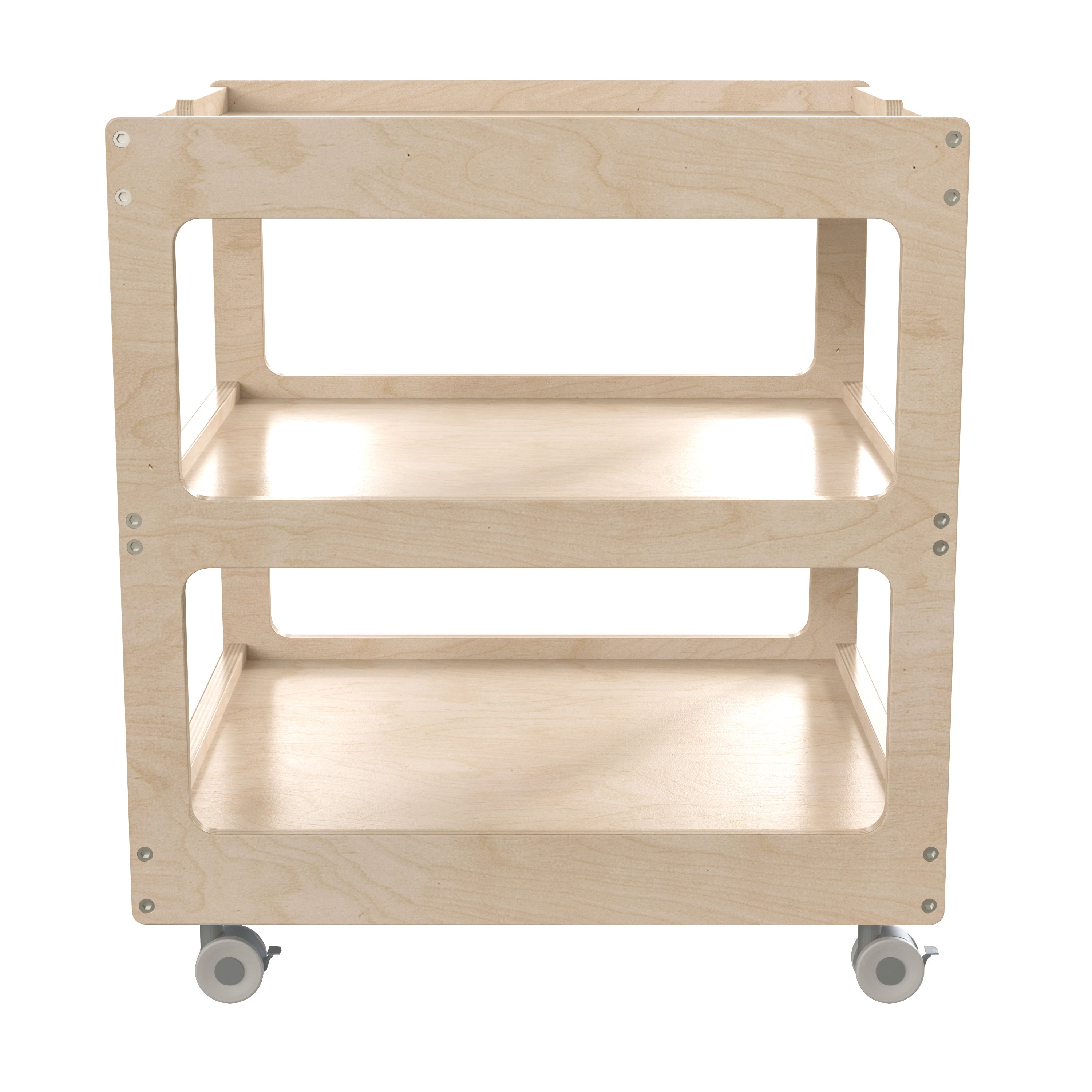Bright Beginnings Commercial 3 Shelf Square Space Saving Wooden Mobile Classroom Storage Cart, Locking Caster Wheels, Kid Friendly Design, Natural