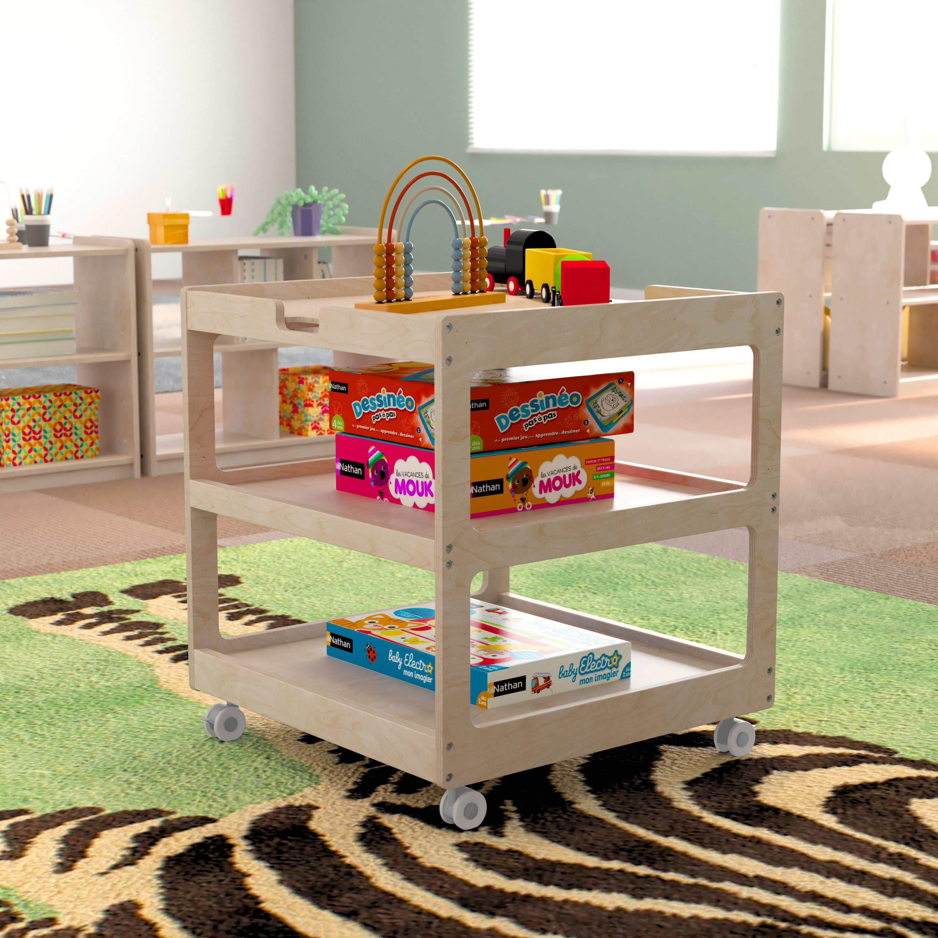 Bright Beginnings Commercial 3 Shelf Square Space Saving Wooden Mobile Classroom Storage Cart, Locking Caster Wheels, Kid Friendly Design, Natural