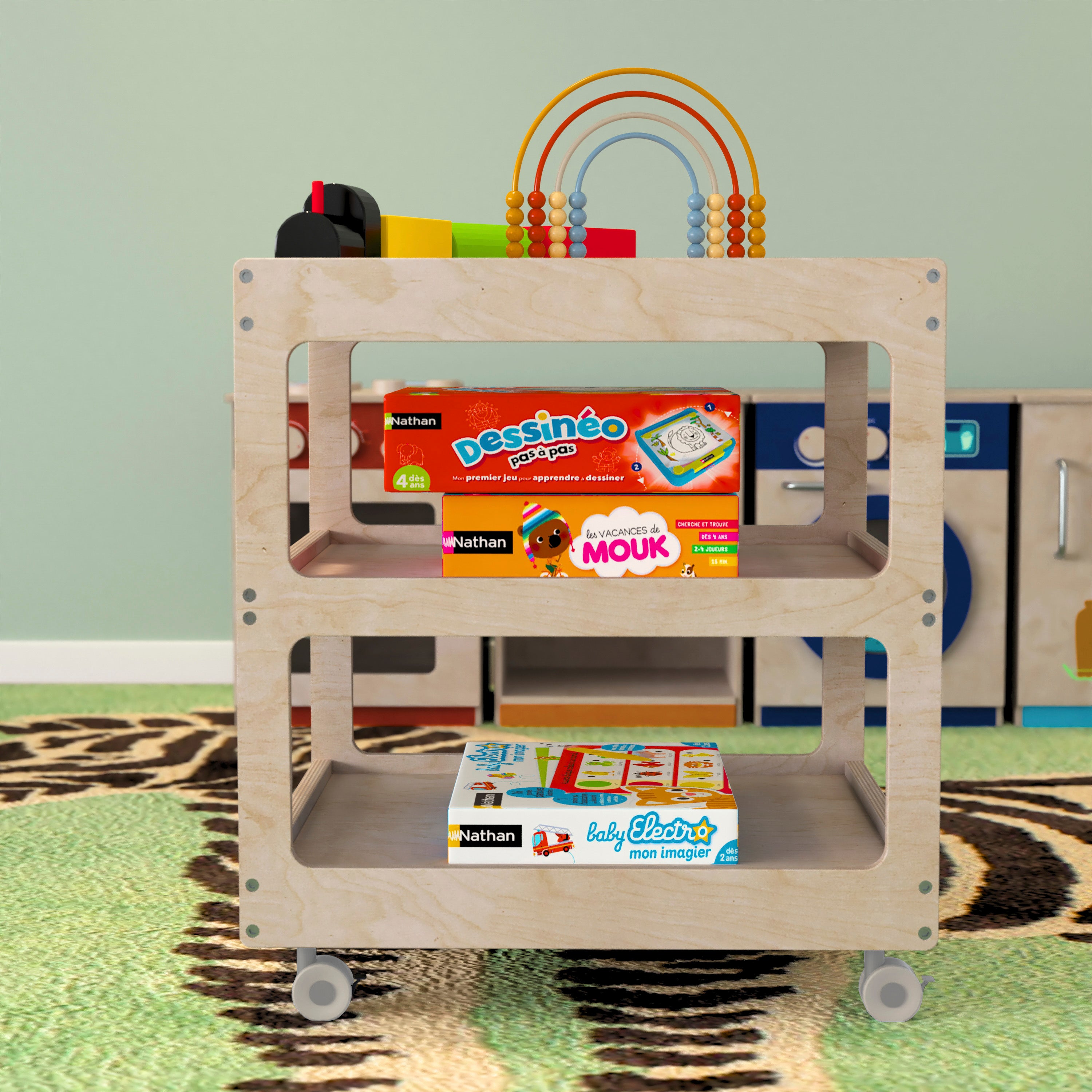 Bright Beginnings Commercial 3 Shelf Square Space Saving Wooden Mobile Classroom Storage Cart, Locking Caster Wheels, Kid Friendly Design, Natural