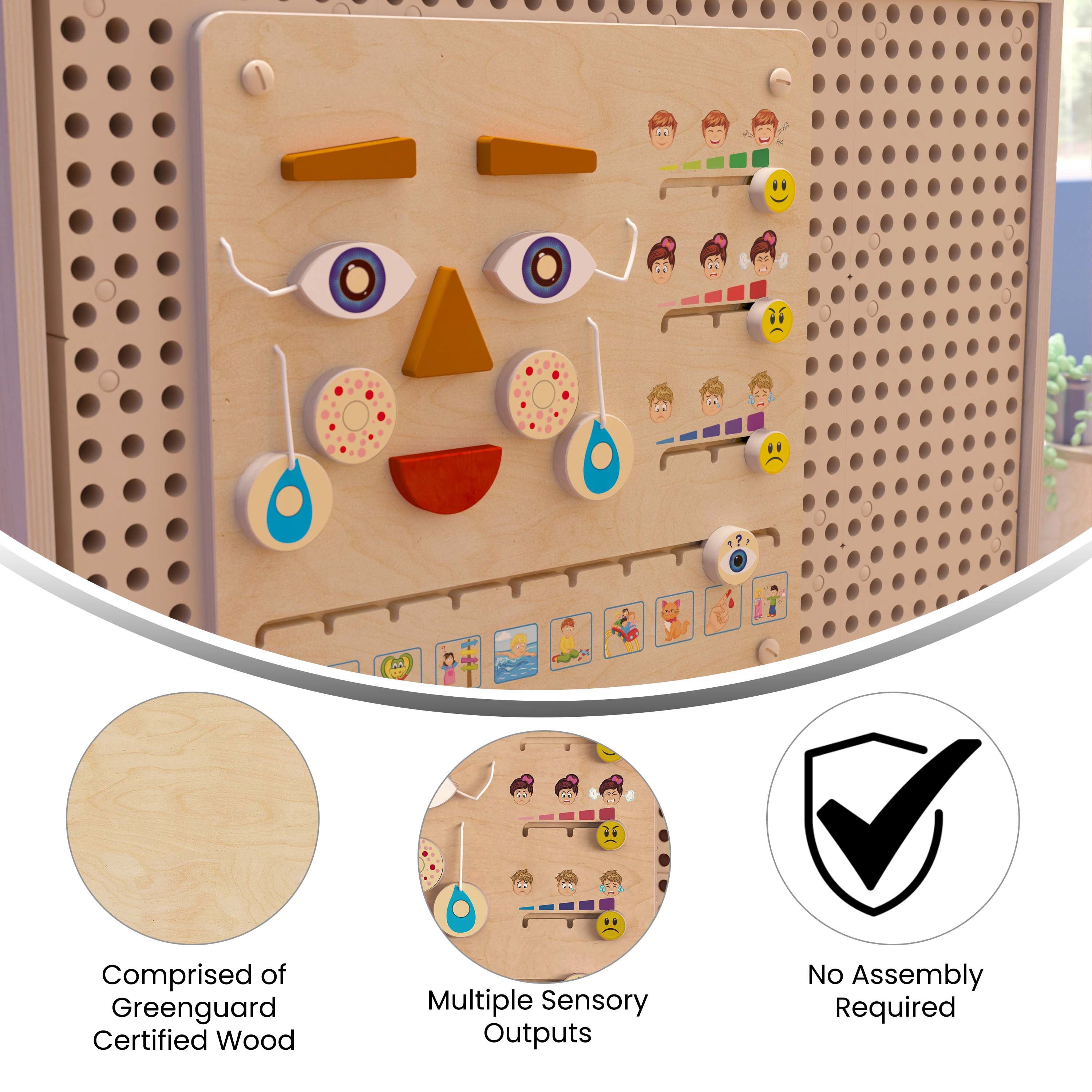 Bright Beginnings Commercial Grade STEAM Wall Activity Board with Natural Finish and Multicolor Accents, Feelings and Moods