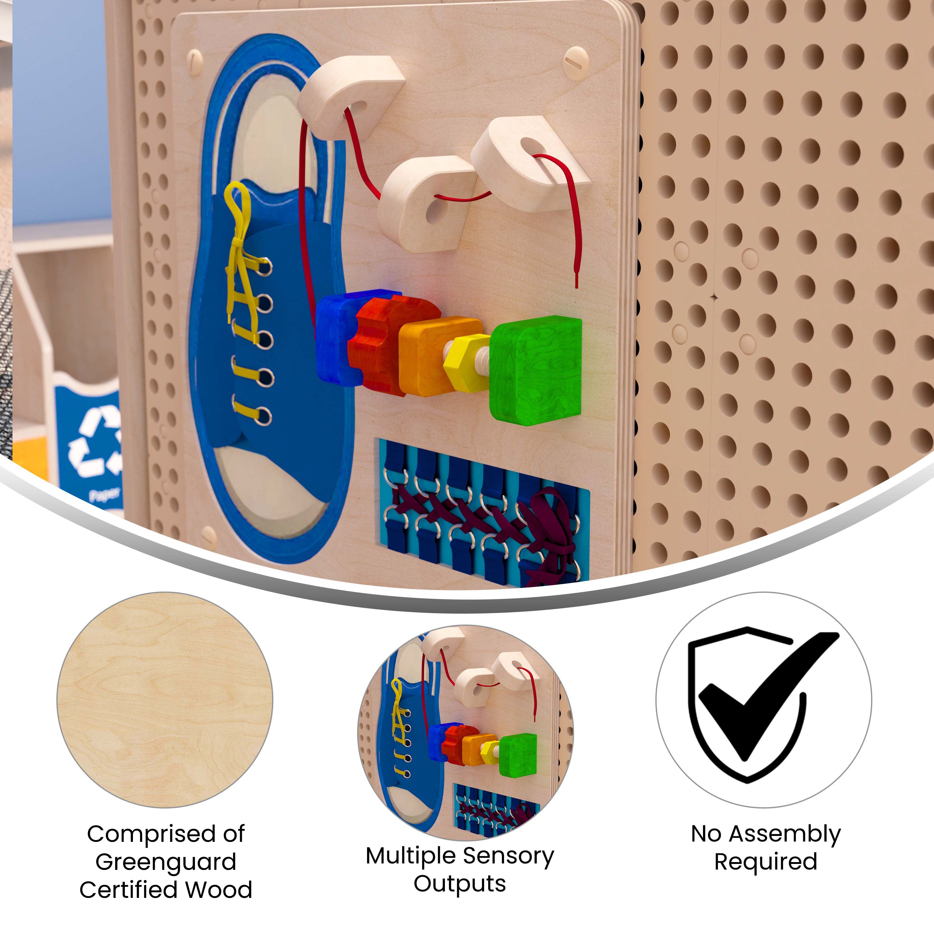 Bright Beginnings Commercial Grade STEAM Wall Activity Board with Natural Finish and Multicolor Accents, Tie It - Turn It