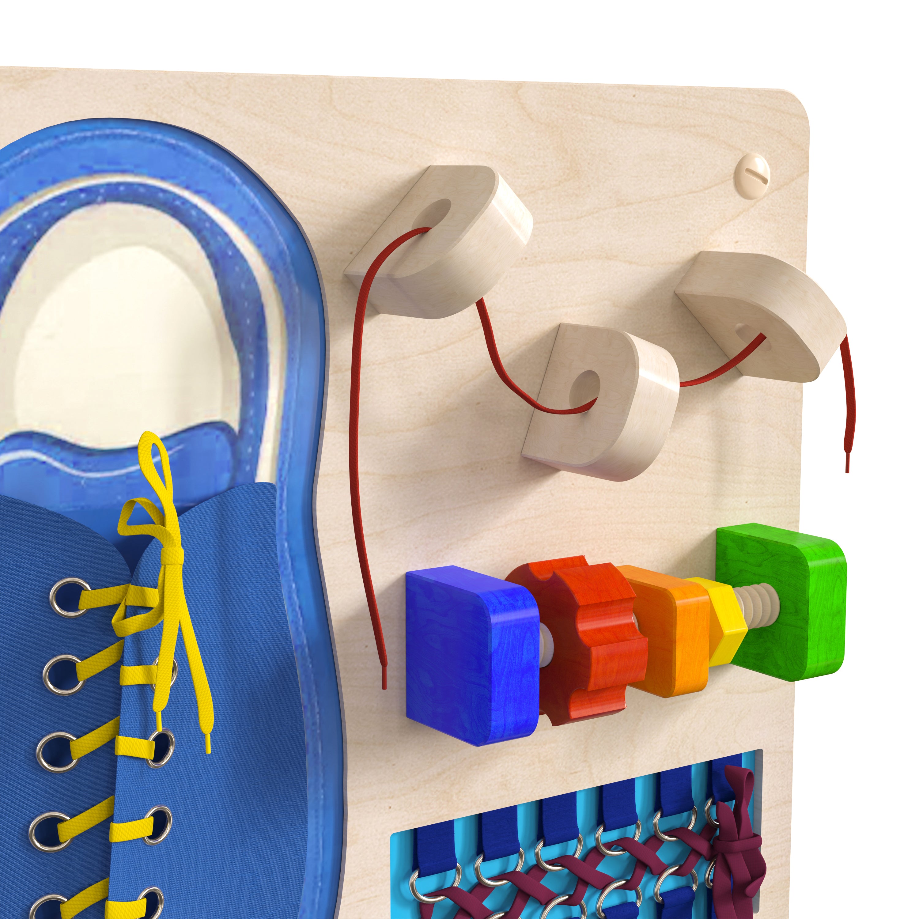 Bright Beginnings Commercial Grade STEAM Wall Activity Board with Natural Finish and Multicolor Accents, Tie It - Turn It