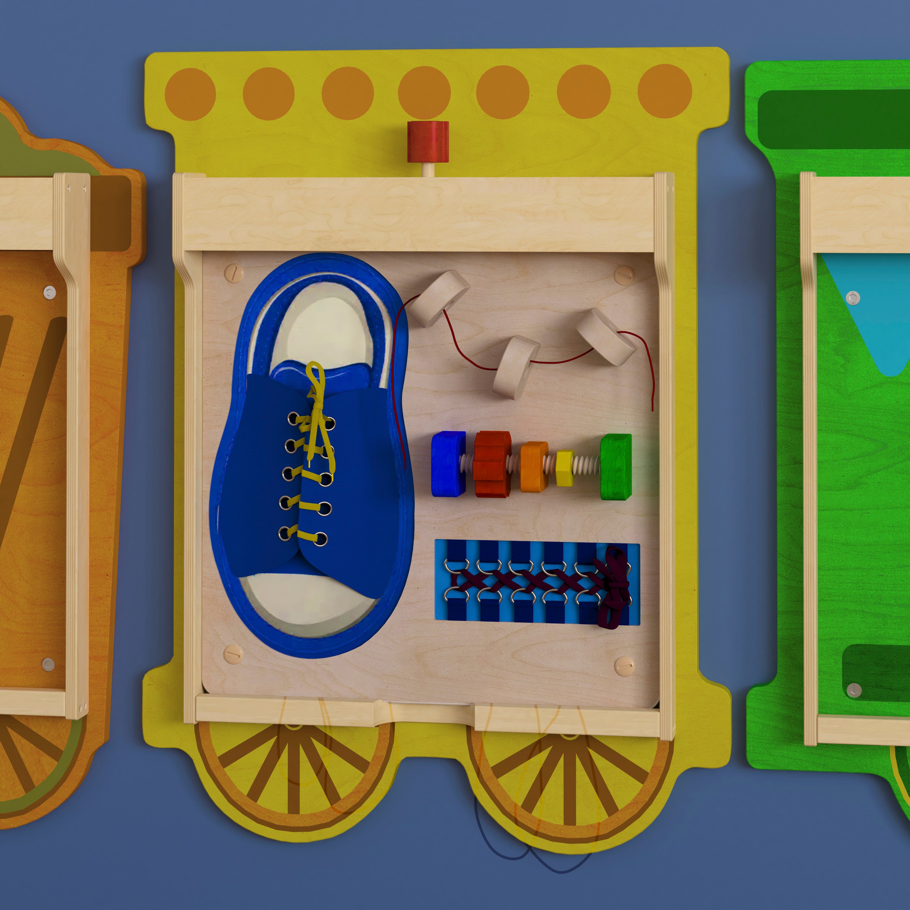 Bright Beginnings Commercial Grade STEAM Wall Activity Board with Natural Finish and Multicolor Accents, Tie It - Turn It