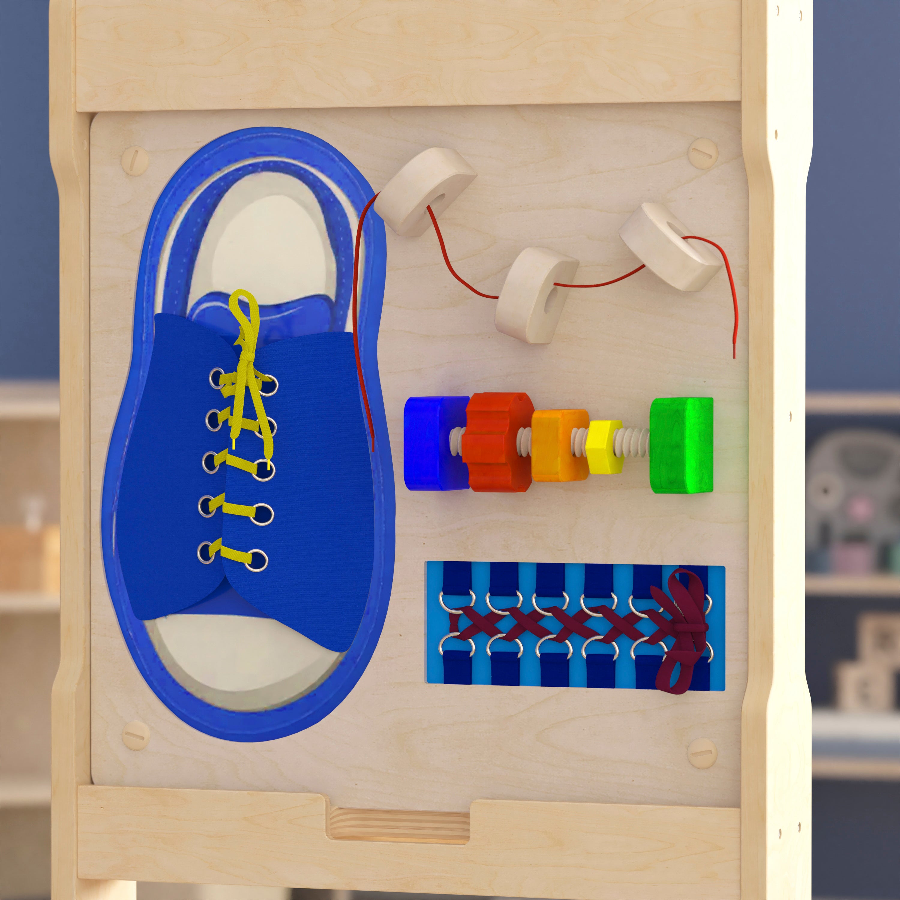 Bright Beginnings Commercial Grade STEAM Wall Activity Board with Natural Finish and Multicolor Accents, Tie It - Turn It