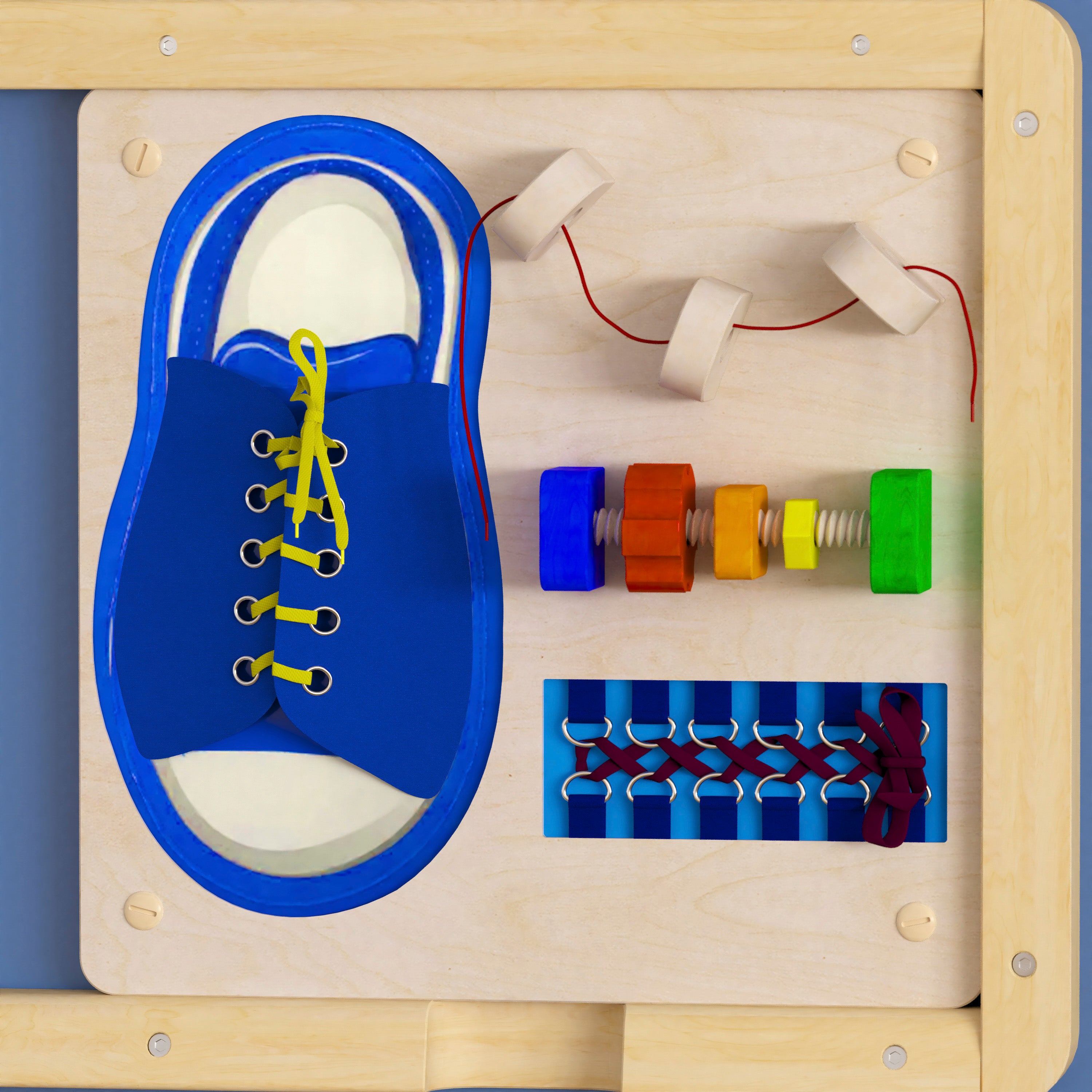 Bright Beginnings Commercial Grade STEAM Wall Activity Board with Natural Finish and Multicolor Accents, Tie It - Turn It