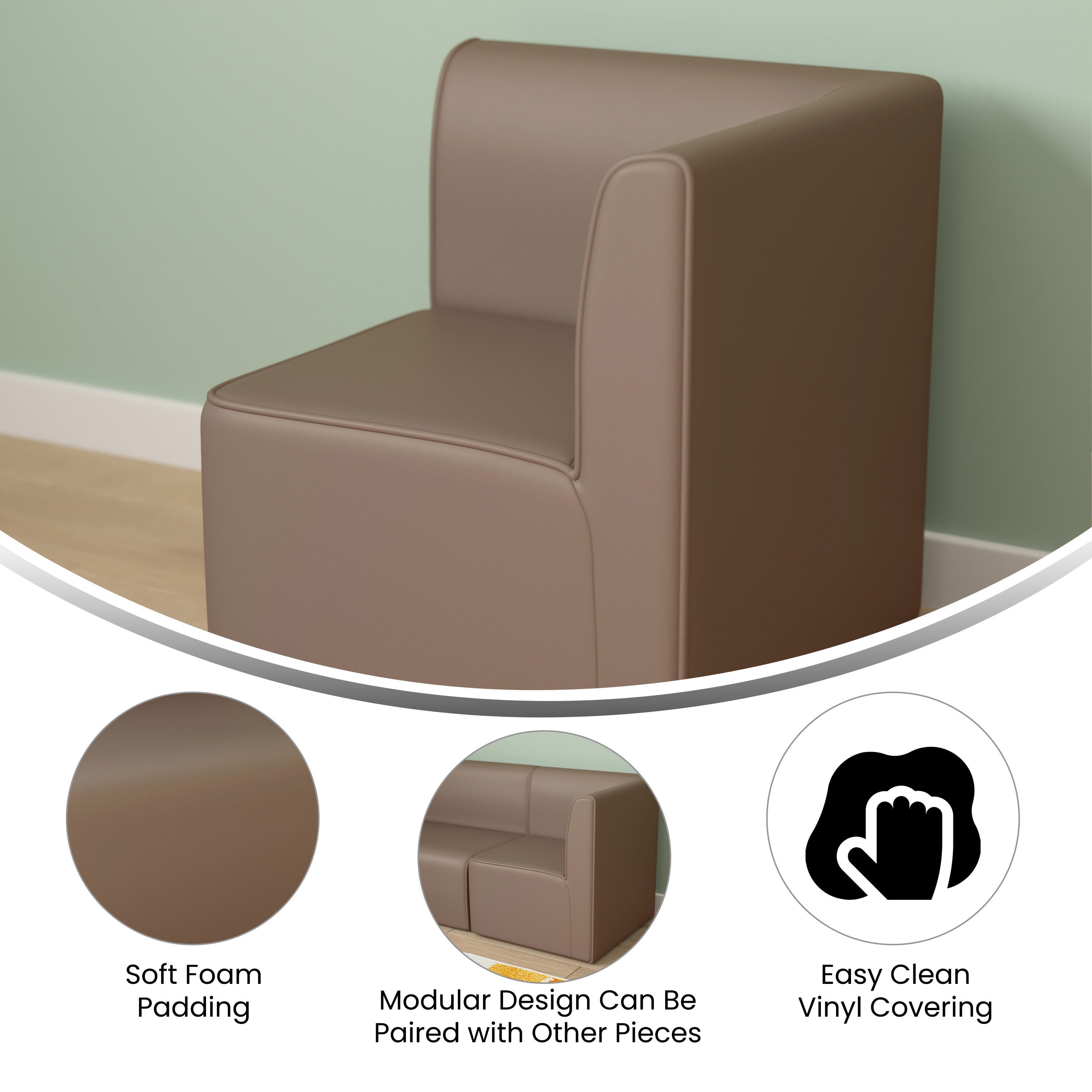Bright Beginnings Commercial Grade Modular Classroom Soft Seating, 1-Seater Corner Chair, Neutral Vinyl