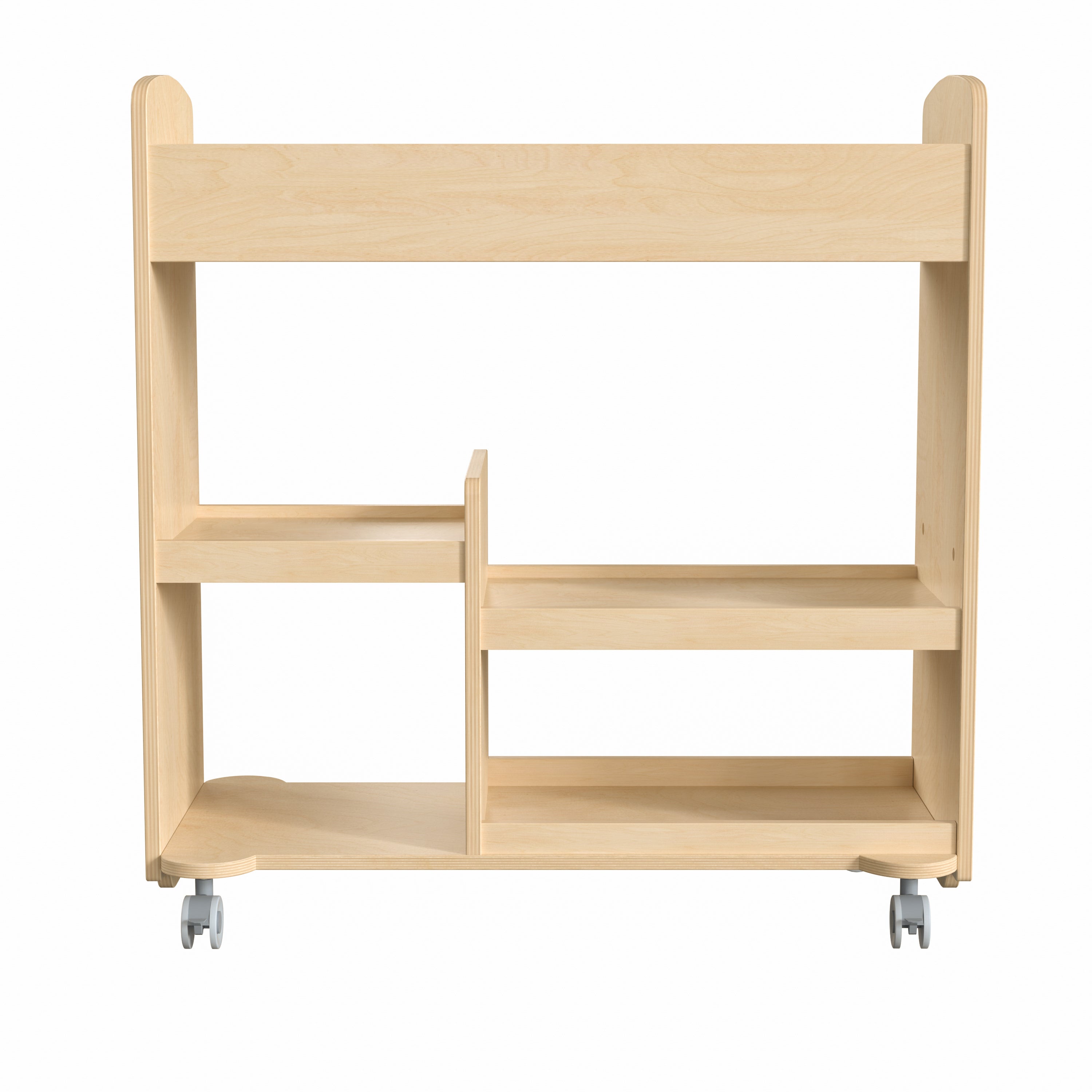 Bright Beginnings Commercial Wood Double Sided Mobile Storage Cart, 14 Round Storage Compartments, 4 Storage Shelves, Locking Caster Wheels, Natural
