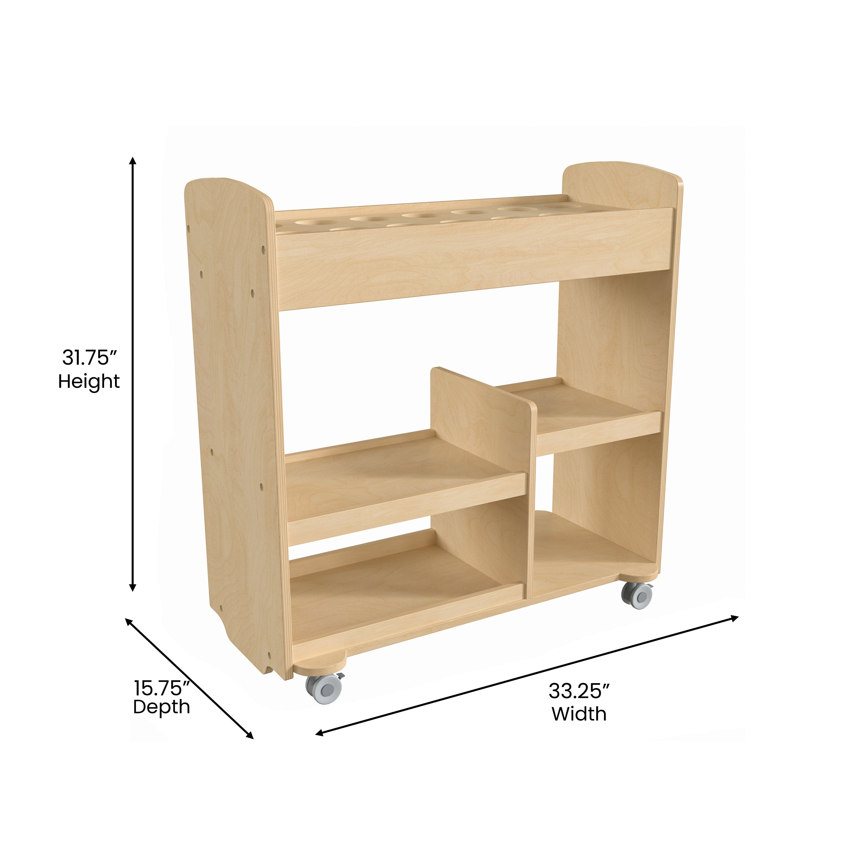 Bright Beginnings Commercial Wood Double Sided Mobile Storage Cart, 14 Round Storage Compartments, 4 Storage Shelves, Locking Caster Wheels, Natural