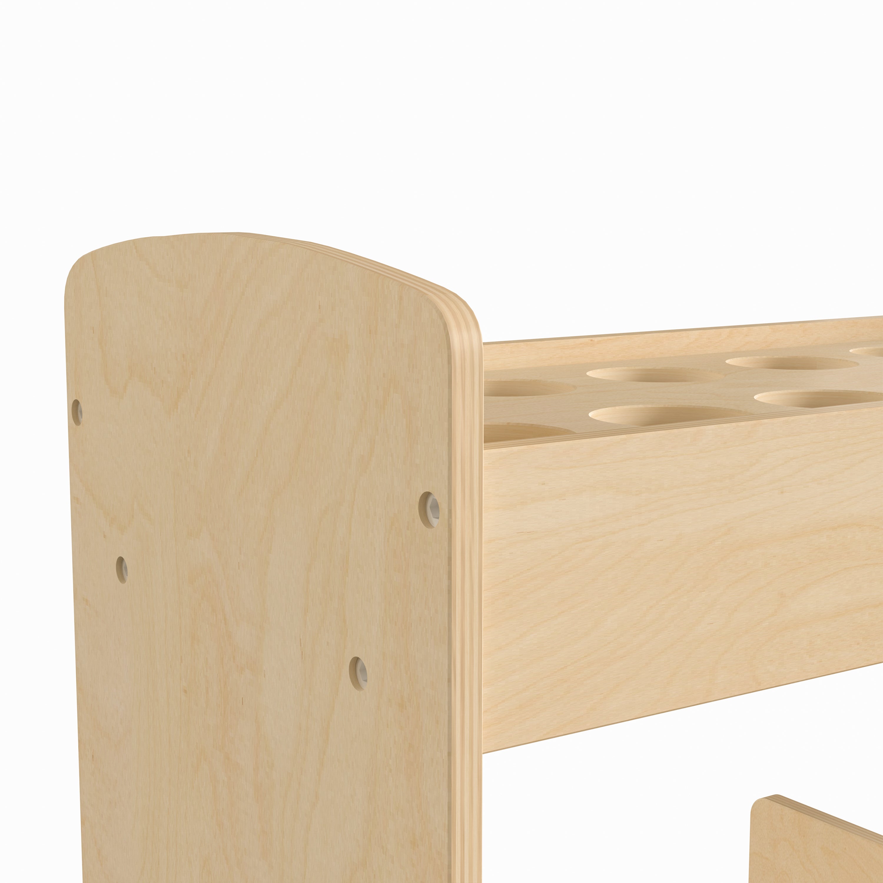 Bright Beginnings Commercial Wood Double Sided Mobile Storage Cart, 14 Round Storage Compartments, 4 Storage Shelves, Locking Caster Wheels, Natural