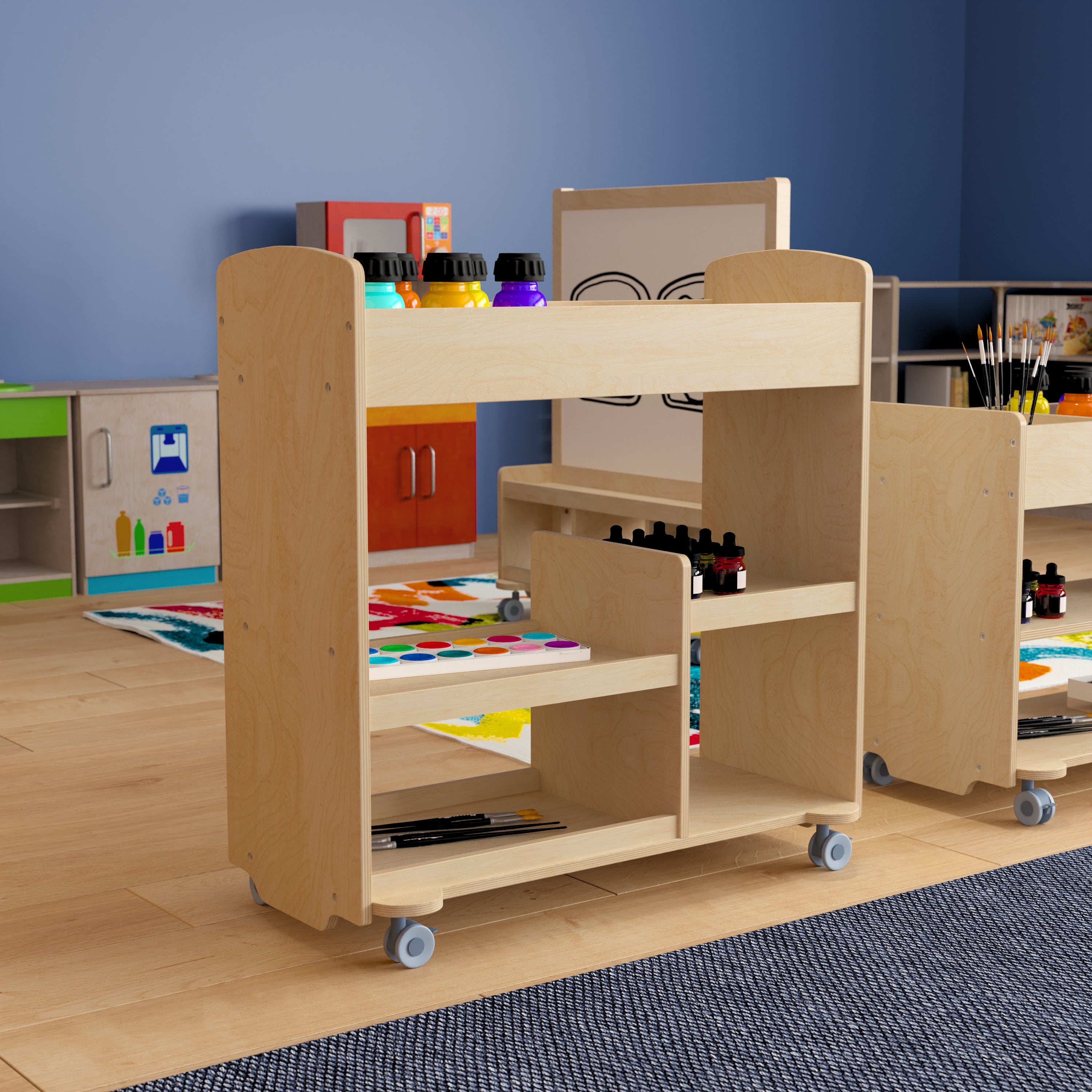 Bright Beginnings Commercial Wood Double Sided Mobile Storage Cart, 14 Round Storage Compartments, 4 Storage Shelves, Locking Caster Wheels, Natural