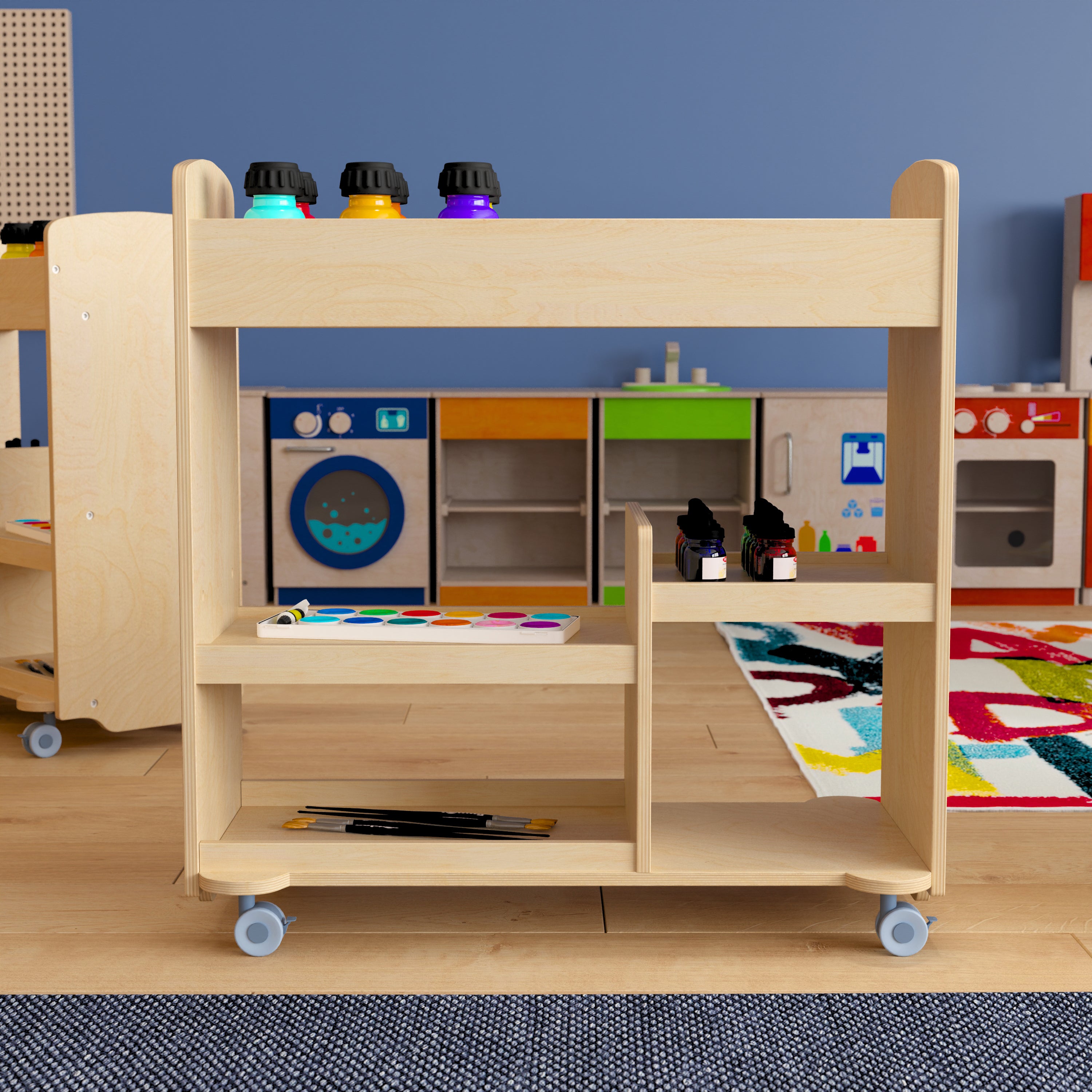 Bright Beginnings Commercial Wood Double Sided Mobile Storage Cart, 14 Round Storage Compartments, 4 Storage Shelves, Locking Caster Wheels, Natural
