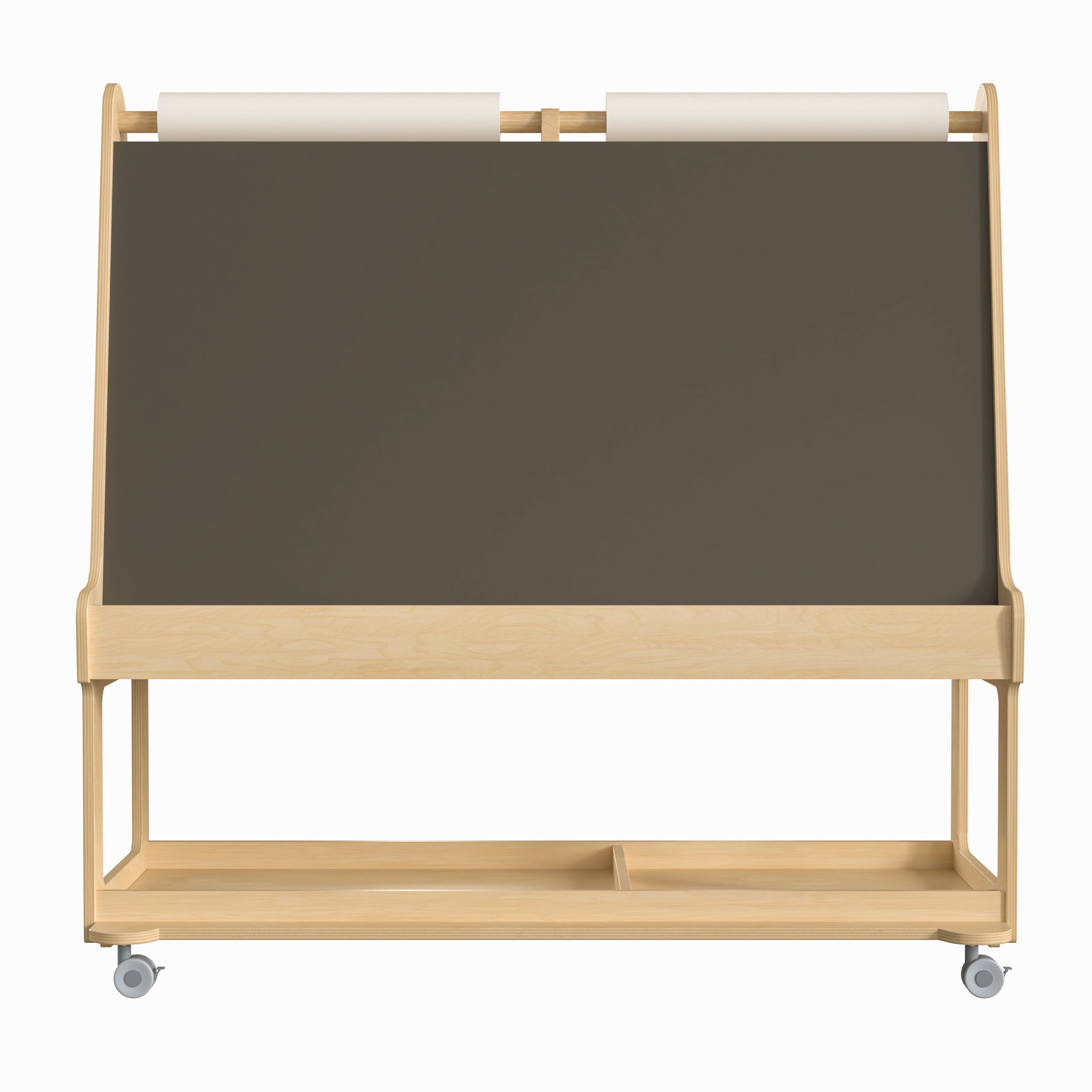 Bright Beginnings Commercial Wooden Mobile Dual Sided 4 Person Art Station with Locking Caster Wheels and Bottom Shelf Storage, Natural
