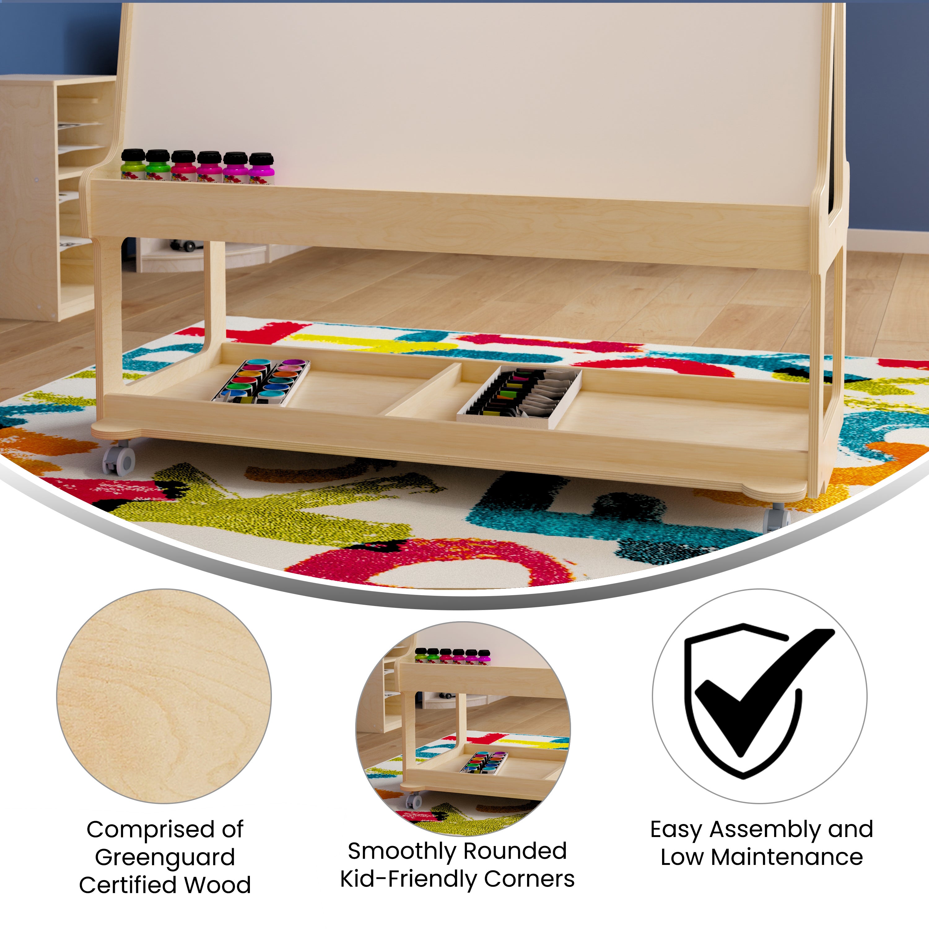 Bright Beginnings Commercial Wooden Mobile Dual Sided 4 Person Art Station with Locking Caster Wheels and Bottom Shelf Storage, Natural