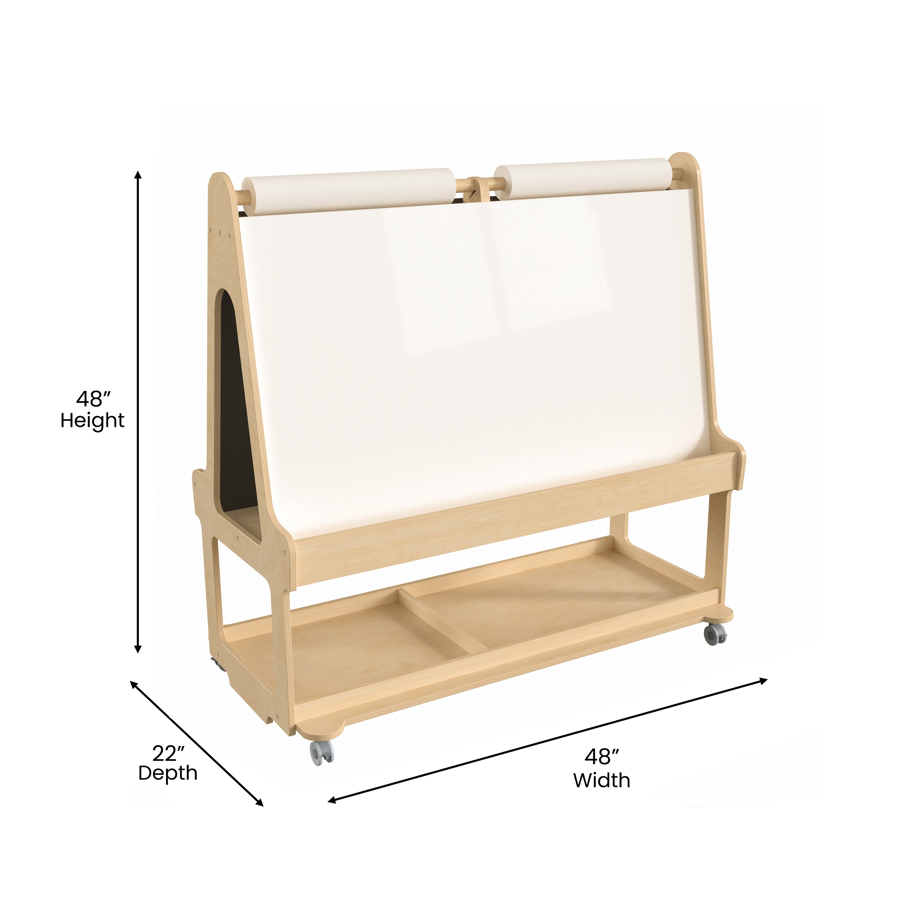 Bright Beginnings Commercial Wooden Mobile Dual Sided 4 Person Art Station with Locking Caster Wheels and Bottom Shelf Storage, Natural