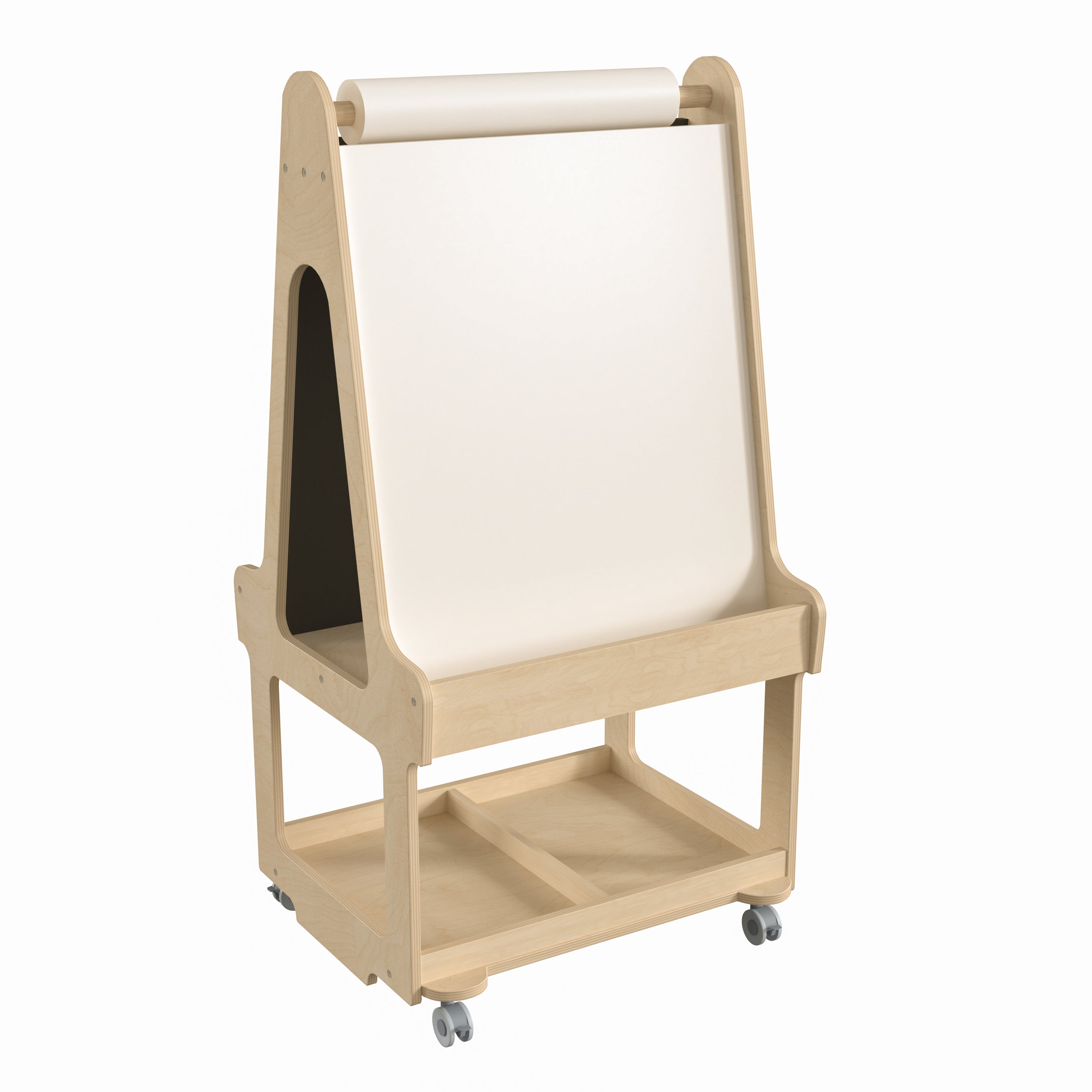 Bright Beginnings Commercial Wooden Mobile Dual Sided 2 Person Art Station with Locking Caster Wheels and Bottom Shelf Storage, Natural