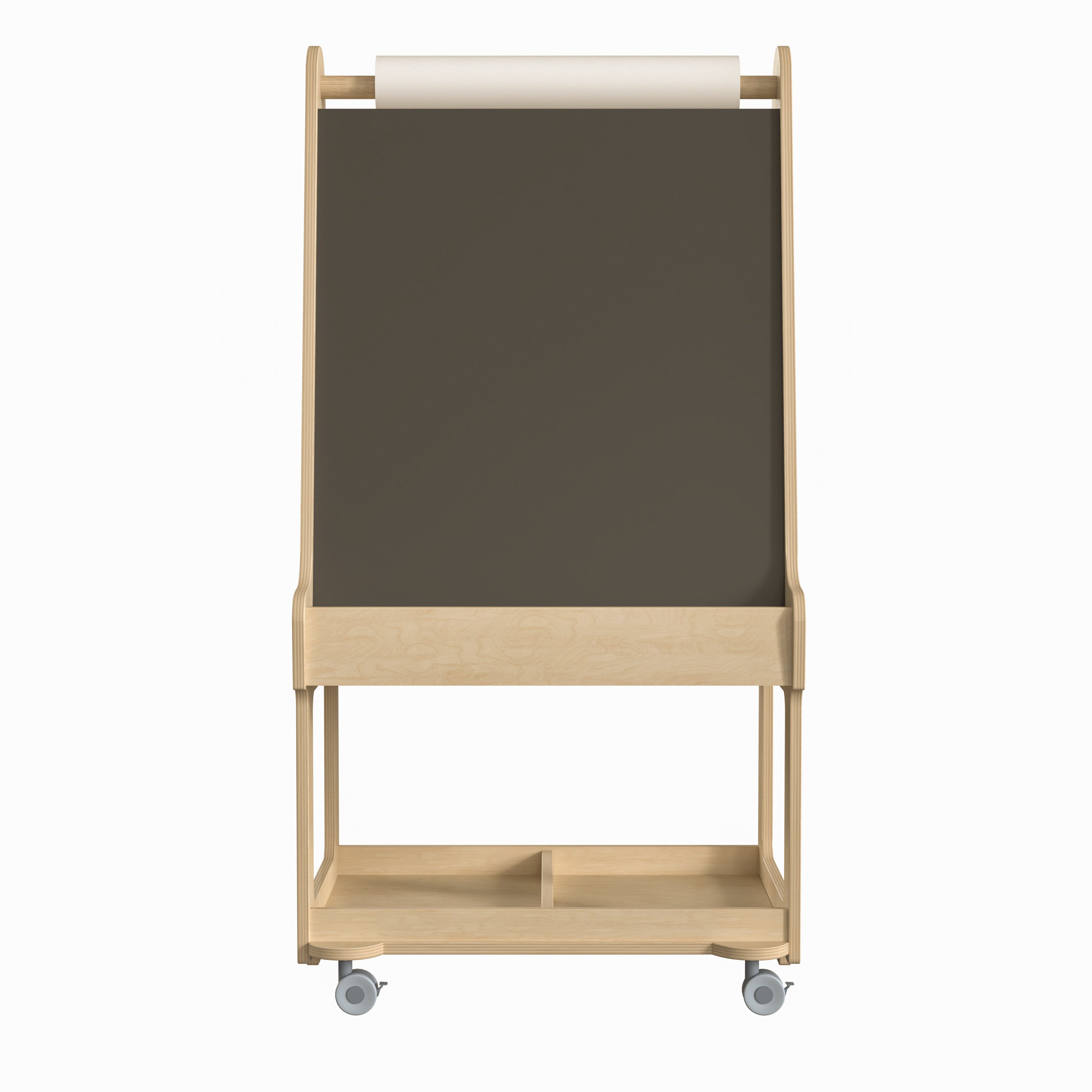 Bright Beginnings Commercial Wooden Mobile Dual Sided 2 Person Art Station with Locking Caster Wheels and Bottom Shelf Storage, Natural