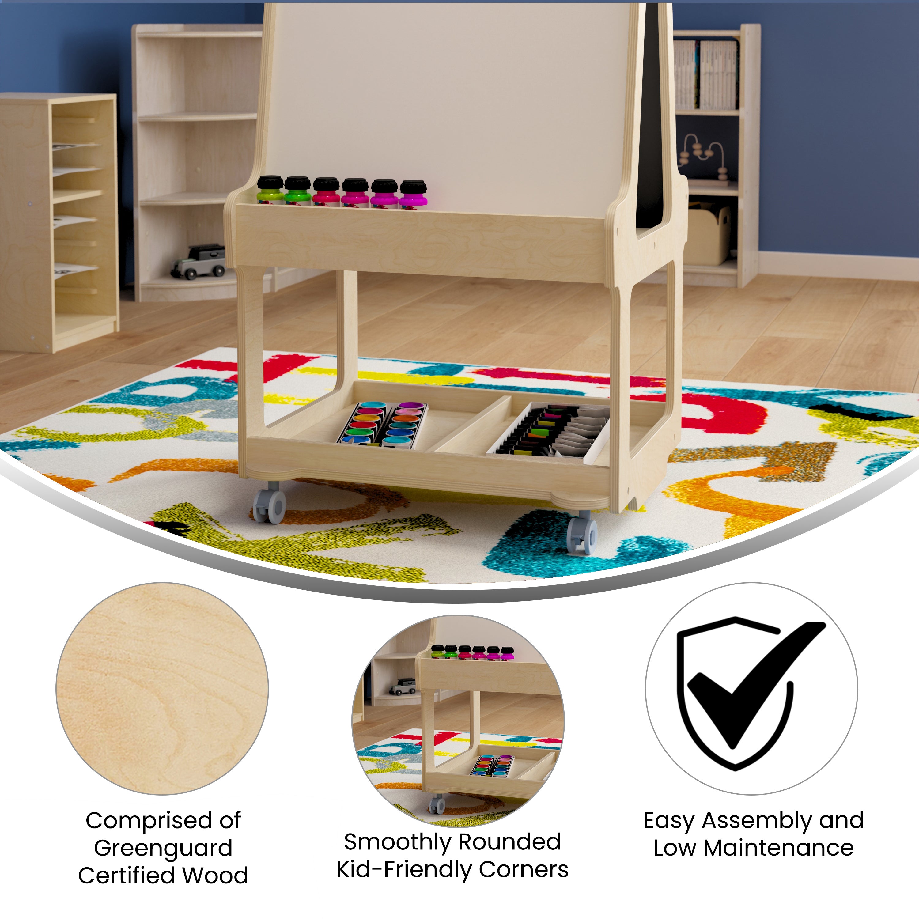 Bright Beginnings Commercial Wooden Mobile Dual Sided 2 Person Art Station with Locking Caster Wheels and Bottom Shelf Storage, Natural