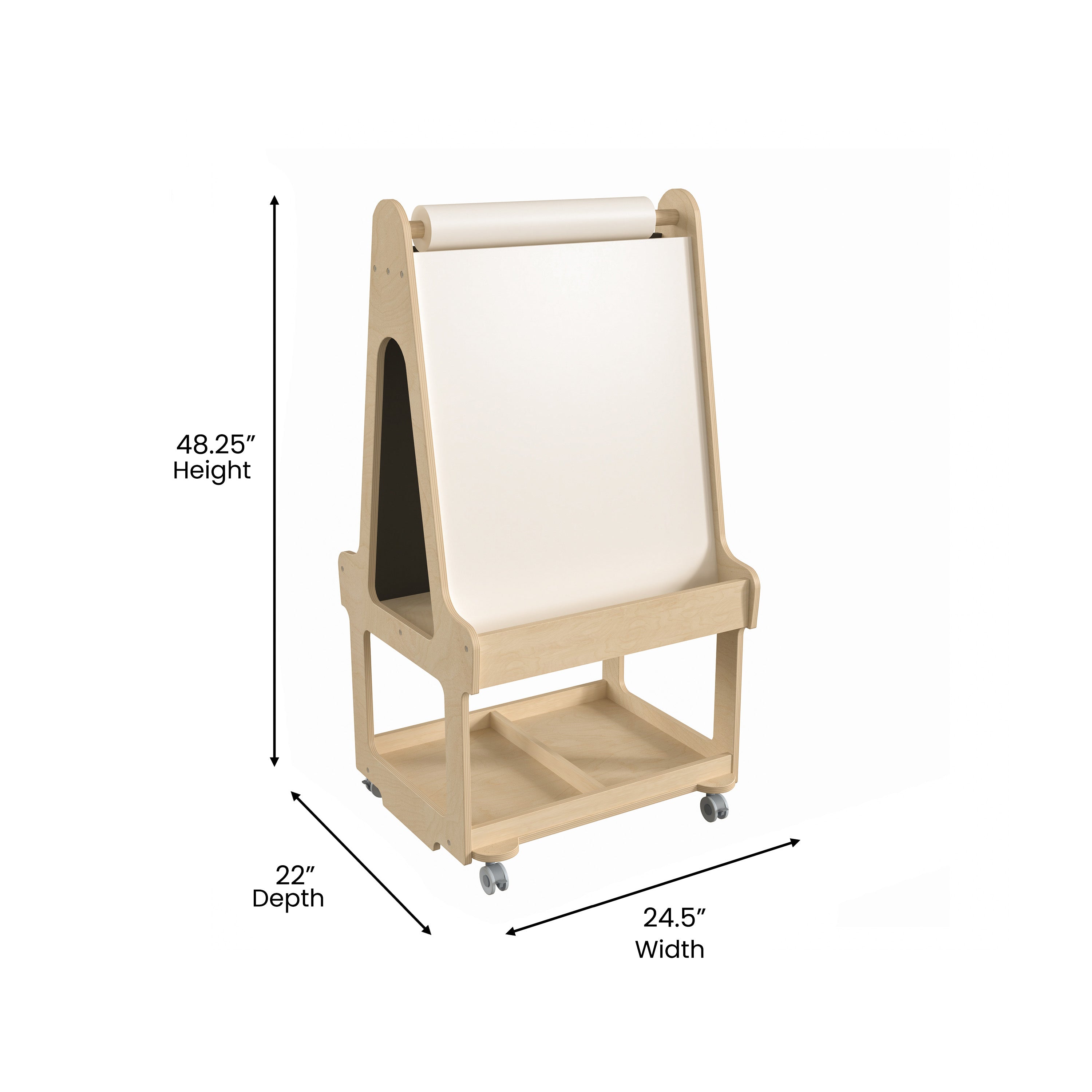 Bright Beginnings Commercial Wooden Mobile Dual Sided 2 Person Art Station with Locking Caster Wheels and Bottom Shelf Storage, Natural