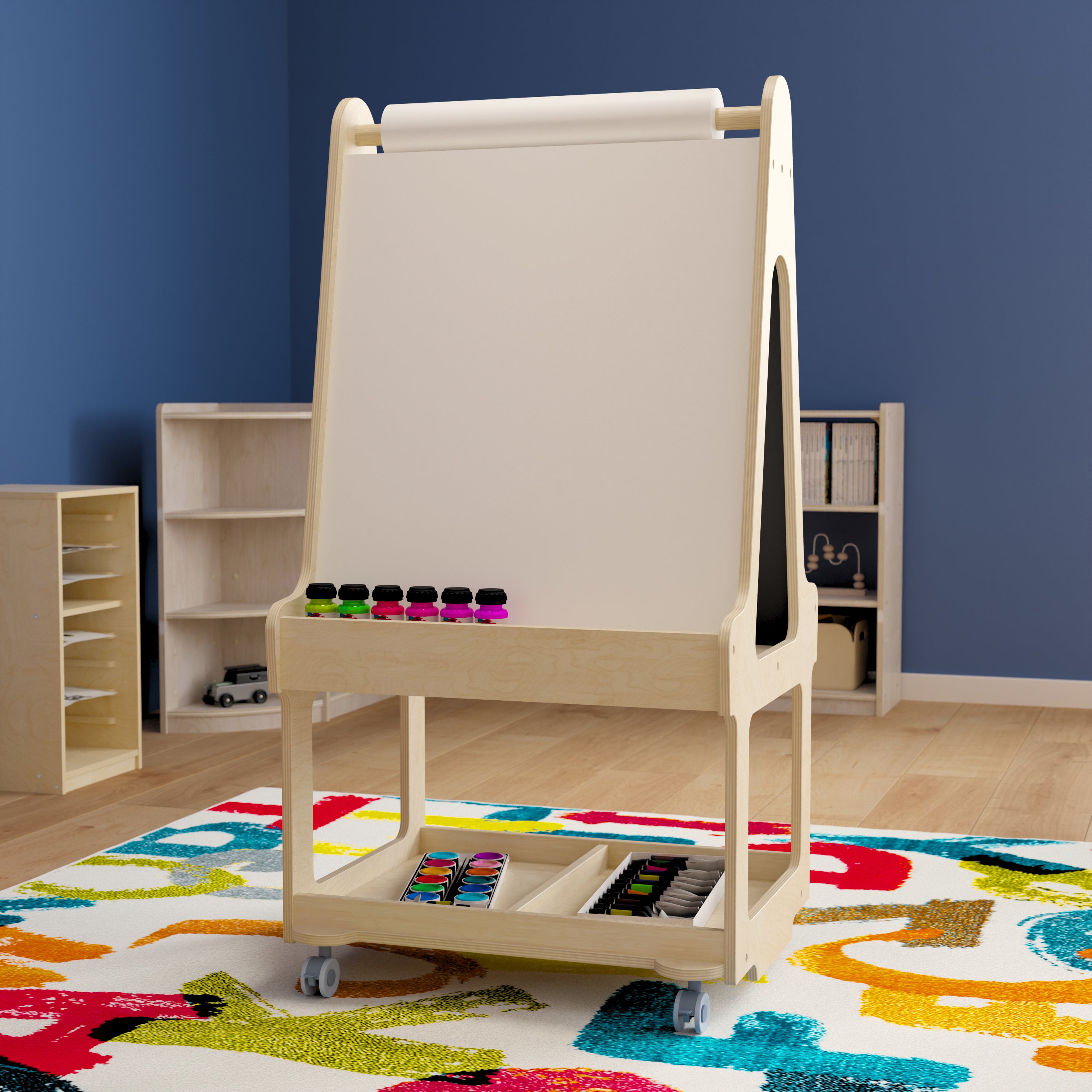 Bright Beginnings Commercial Wooden Mobile Dual Sided 2 Person Art Station with Locking Caster Wheels and Bottom Shelf Storage, Natural