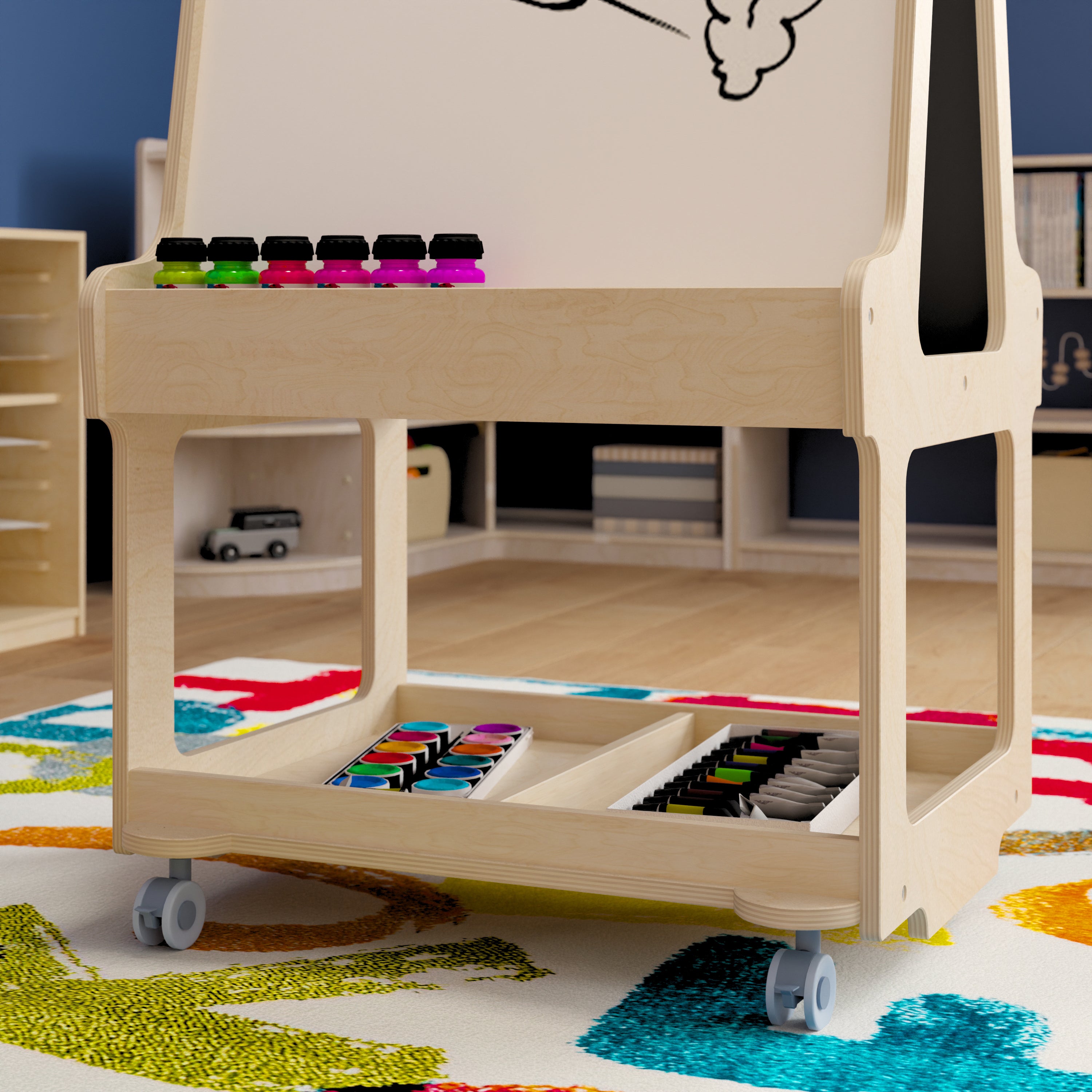Bright Beginnings Commercial Wooden Mobile Dual Sided 2 Person Art Station with Locking Caster Wheels and Bottom Shelf Storage, Natural