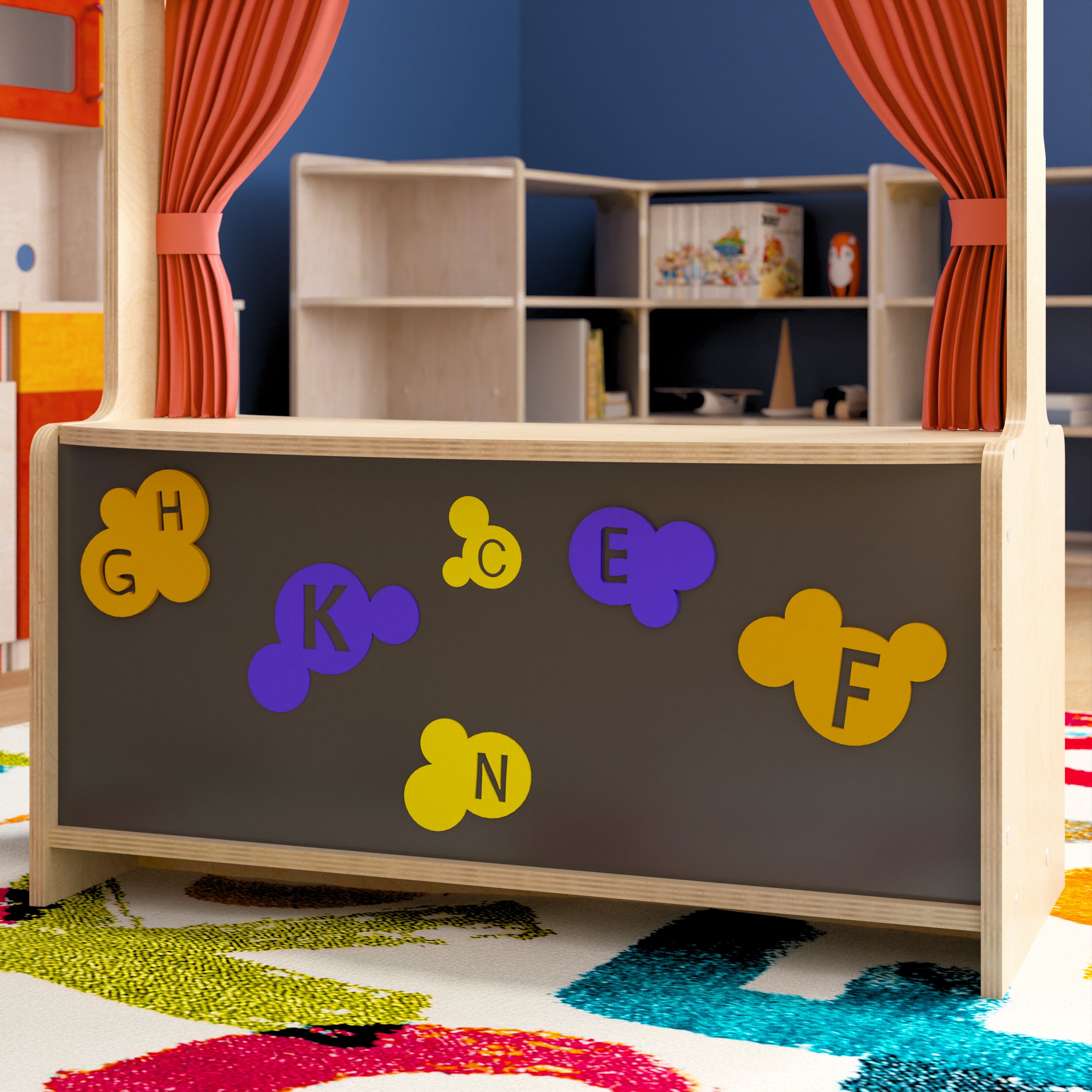 Bright Beginnings Wooden Puppet Theater with Removable Curtains and Bottom Magnetic Chalkboard, Natural
