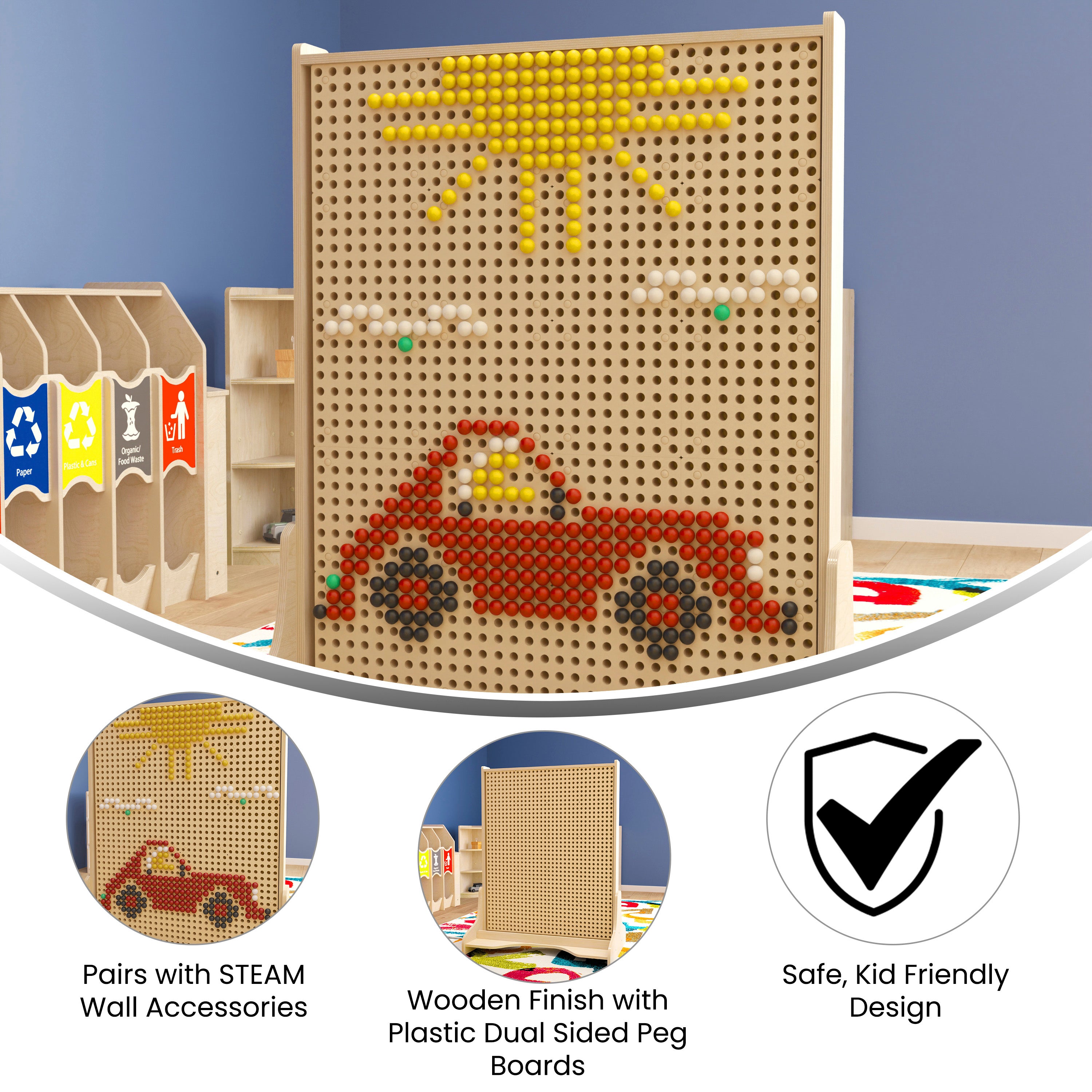 Bright Beginnings Commercial Grade Natural Finish Wooden Double Sided Freestanding STEAM Wall Base with Peg Panels