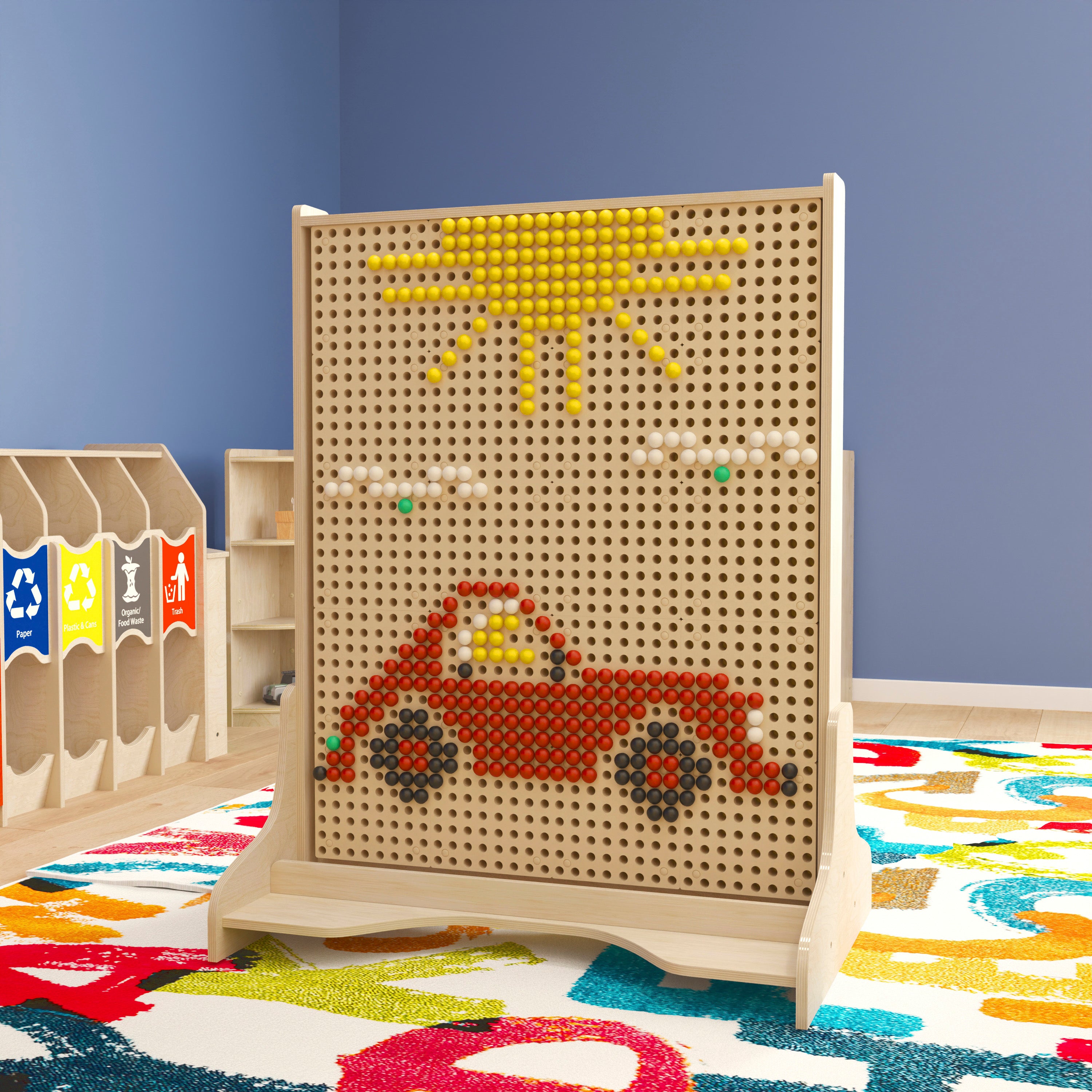 Bright Beginnings Commercial Grade Natural Finish Wooden Double Sided Freestanding STEAM Wall Base with Peg Panels