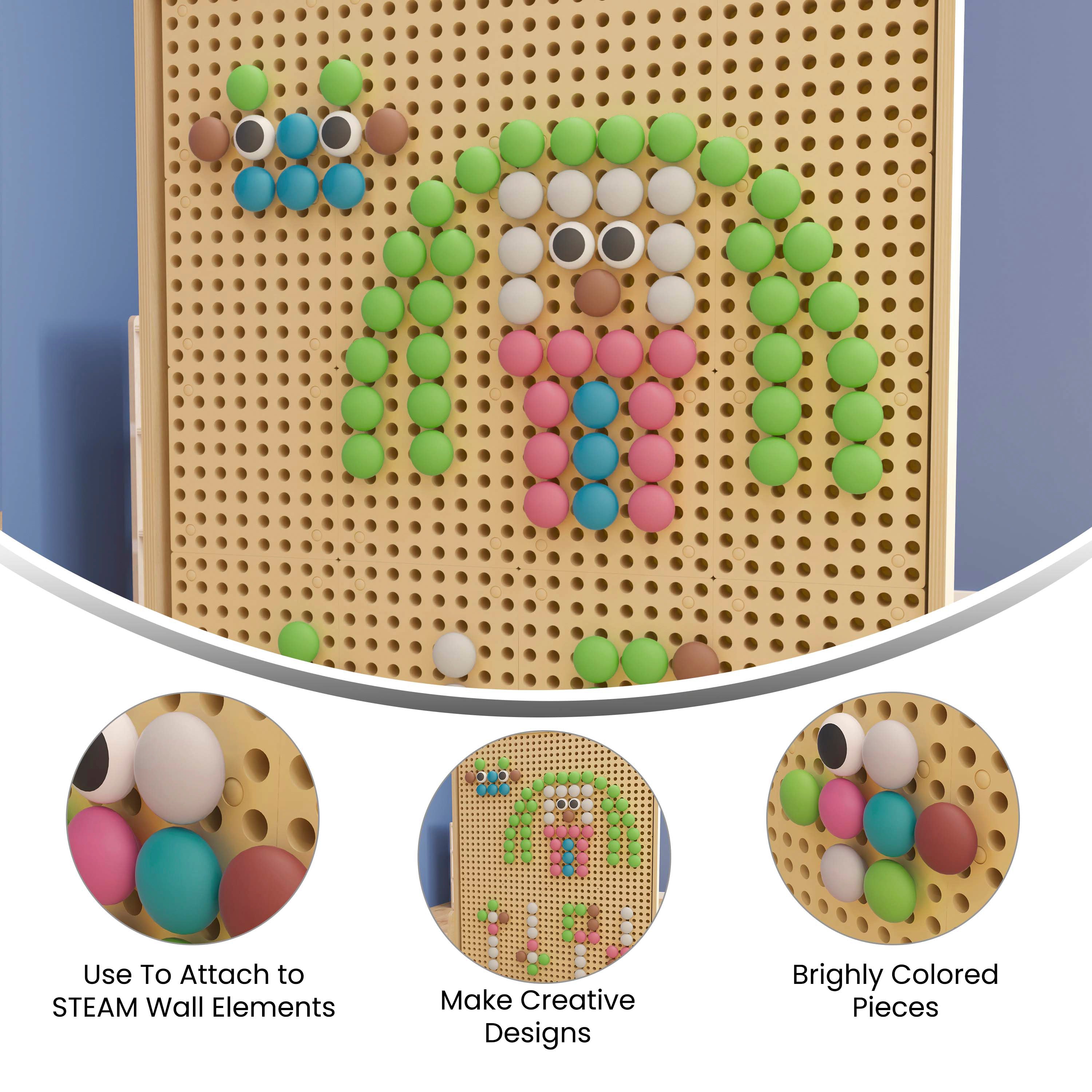 Bright Beginnings Commercial Grade 64 Piece Jumbo Peg Accessory Pack for Modular STEAM Walls (Not Included) - Pastel Multicolor