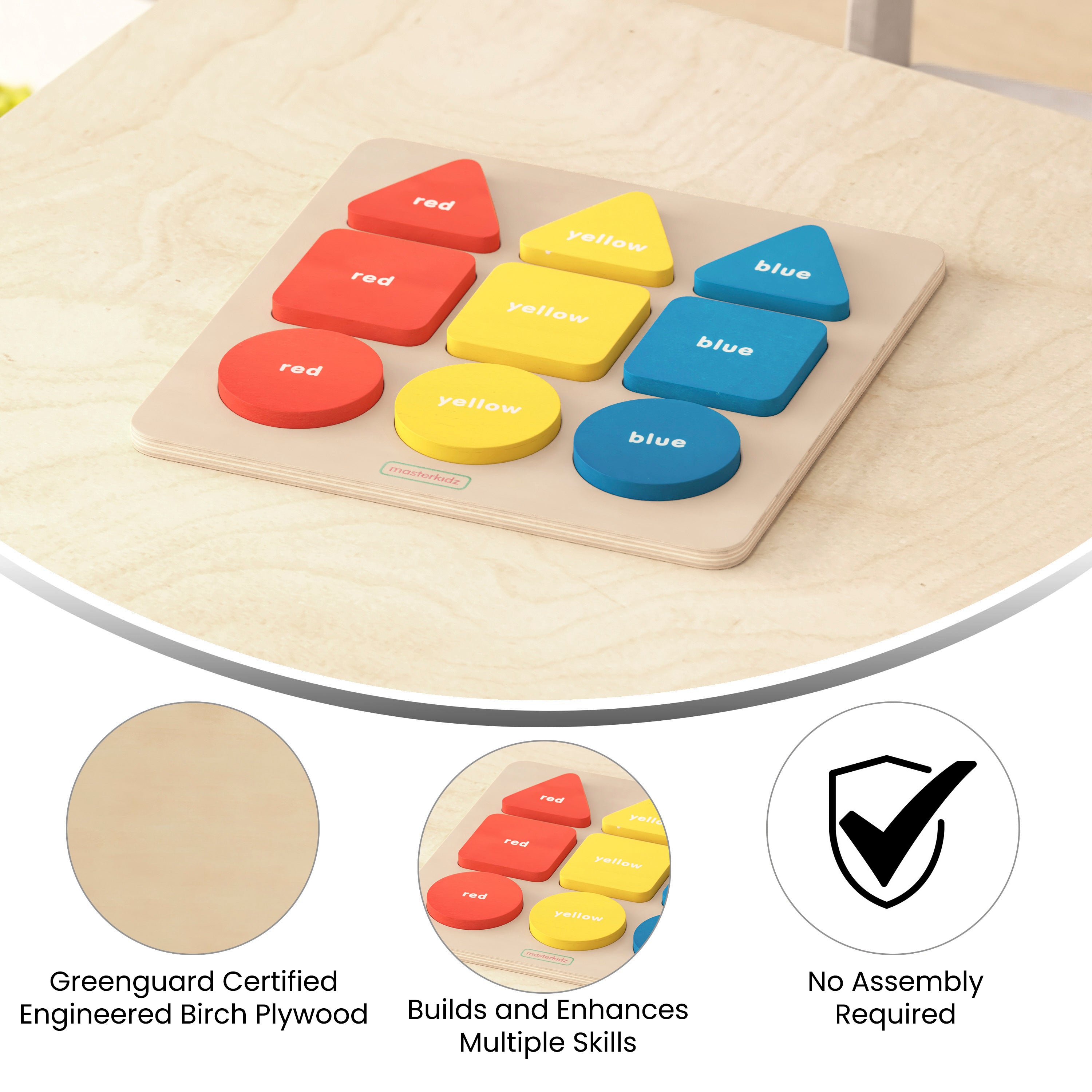 Bright Beginnings Commercial Grade Birch Plywood STEM Basic Shapes and Colors Puzzle Board, Natural/Multicolor