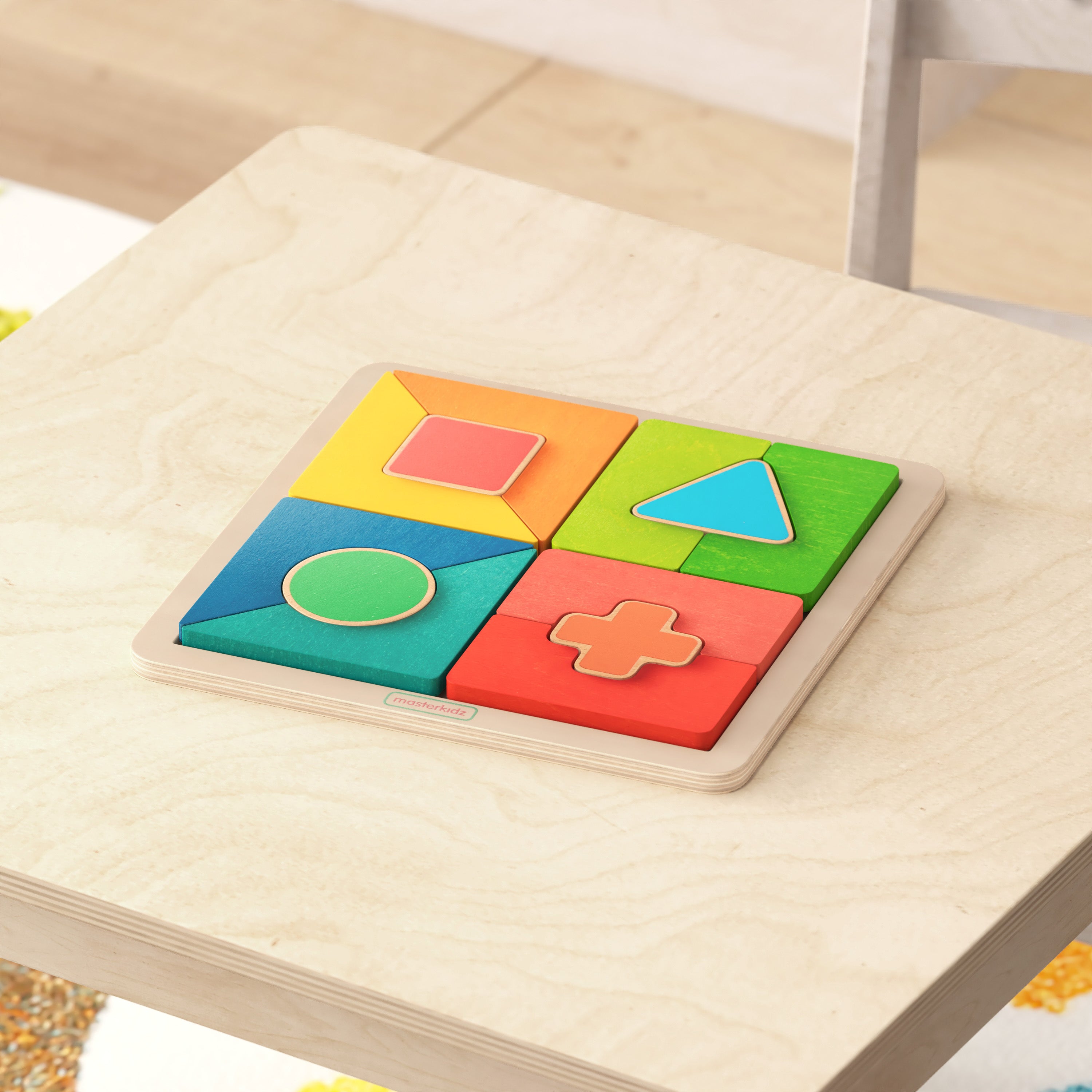 Bright Beginnings Commercial Grade Birch Plywood STEM Geometric Shape Building Puzzle Board, Natural/Multicolor