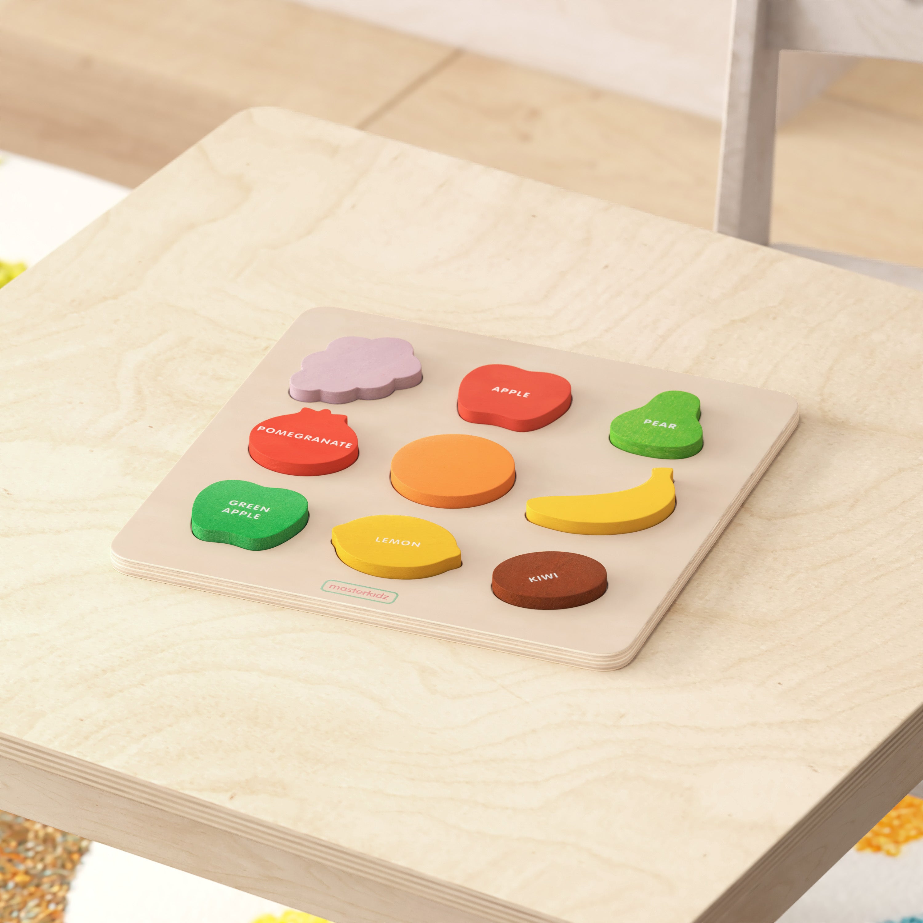 Bright Beginnings Commercial Grade Birch Plywood STEM Fruit Shapes Puzzle Board, Natural/Multicolor