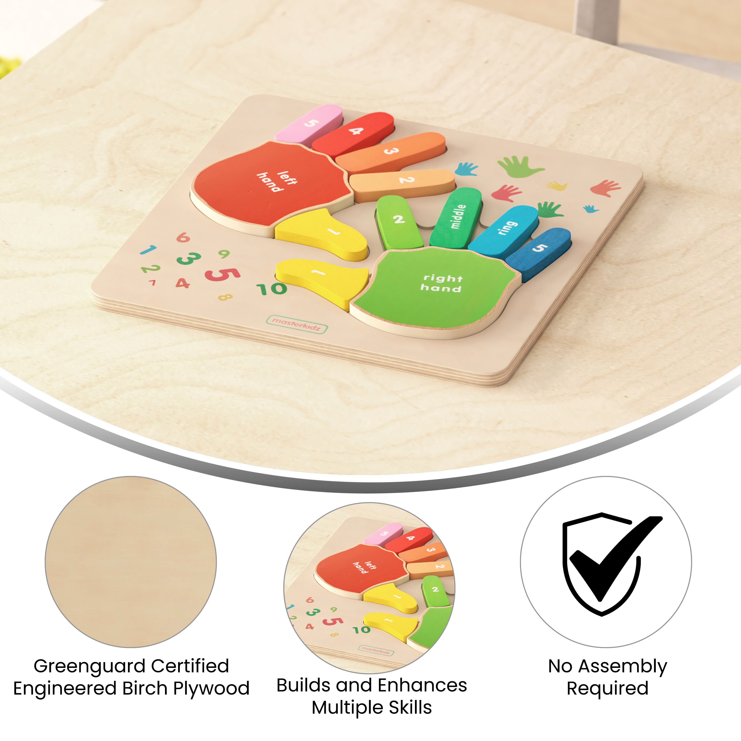 Bright Beginnings Commercial Grade Birch Plywood STEM Hand Counting Learning Puzzle Board, Natural, Multicolor