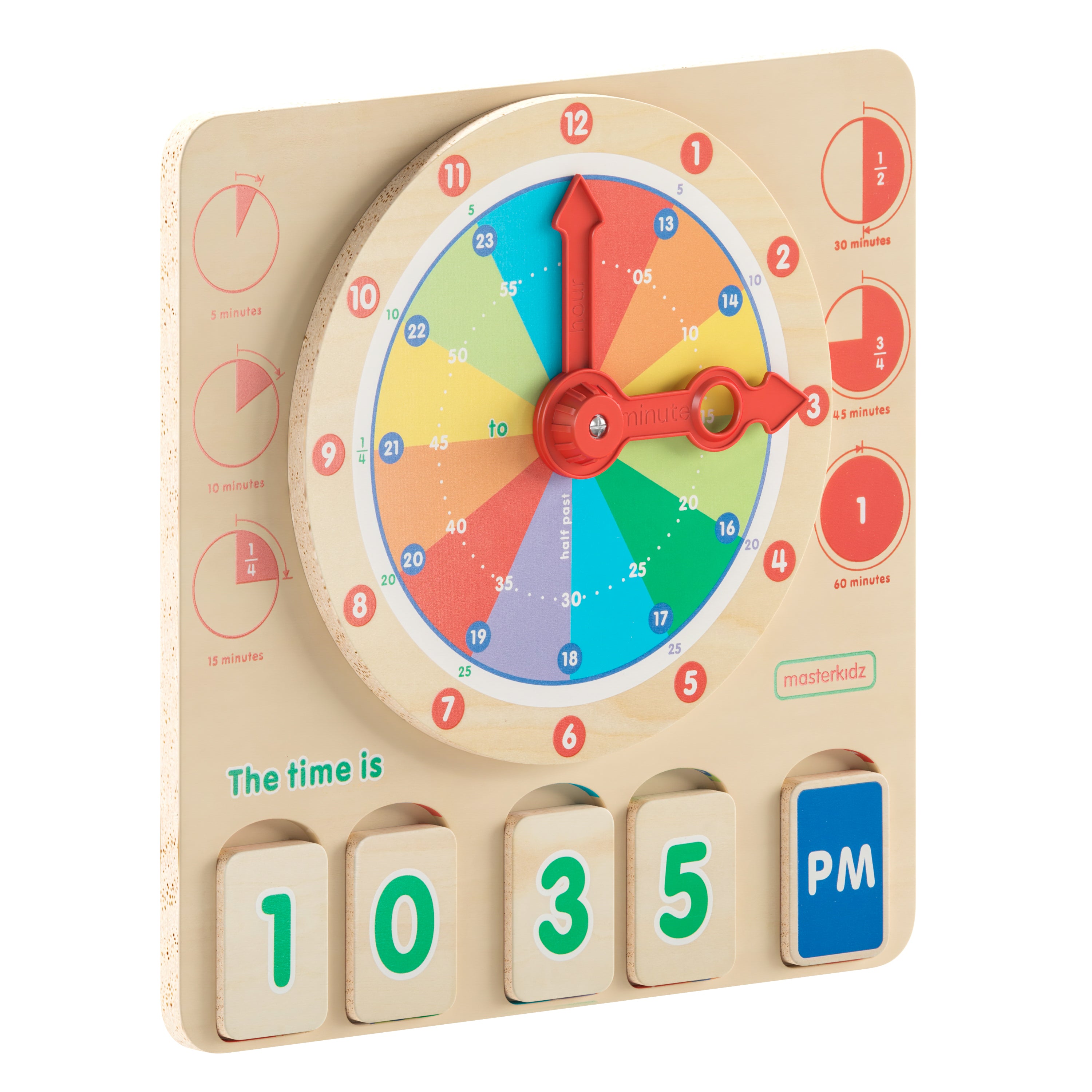 Bright Beginnings Commercial Grade STEM Telling Time Learning Board with Digital and Analog Readings in Natural Finish with Multicolor Accents