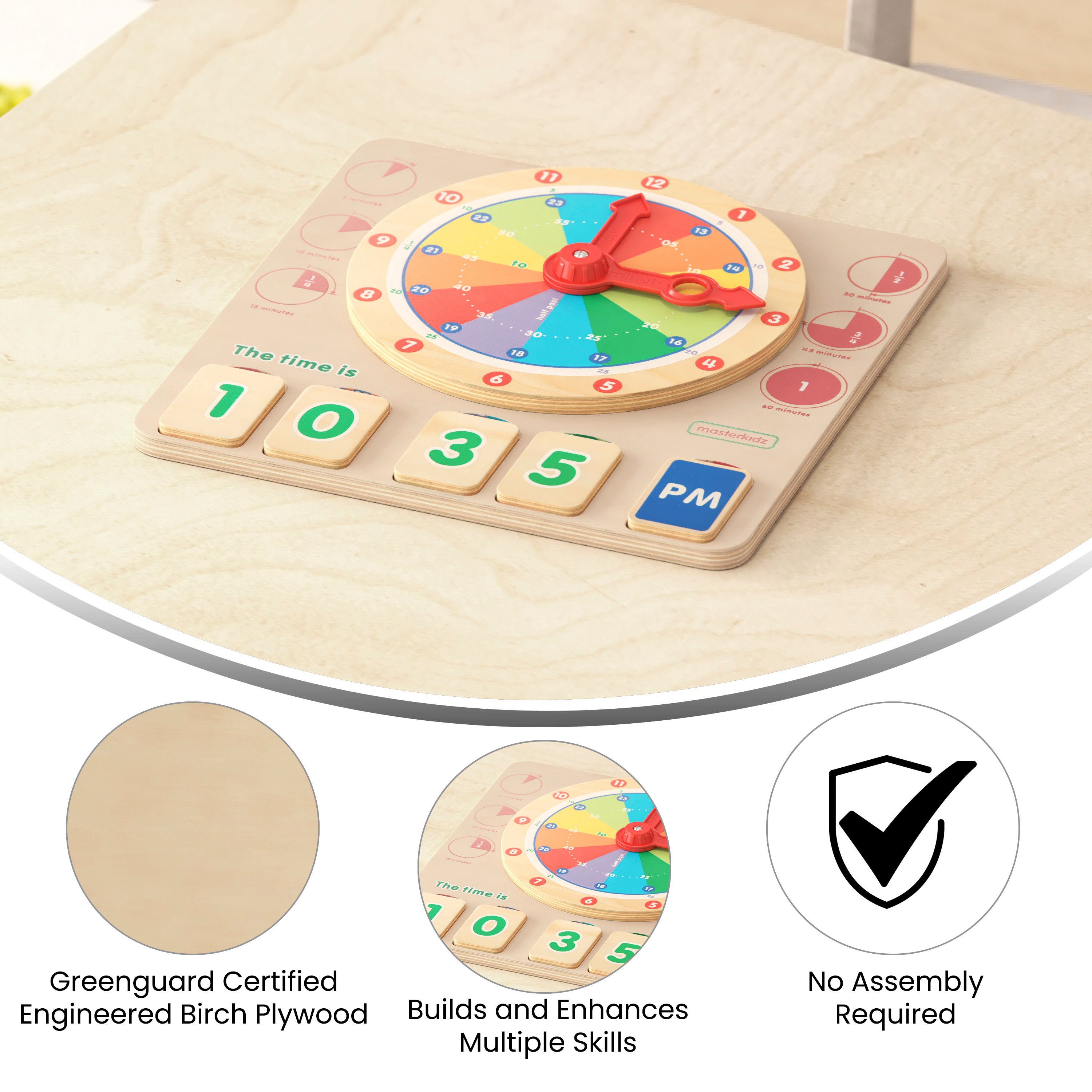 Bright Beginnings Commercial Grade STEM Telling Time Learning Board with Digital and Analog Readings in Natural Finish with Multicolor Accents