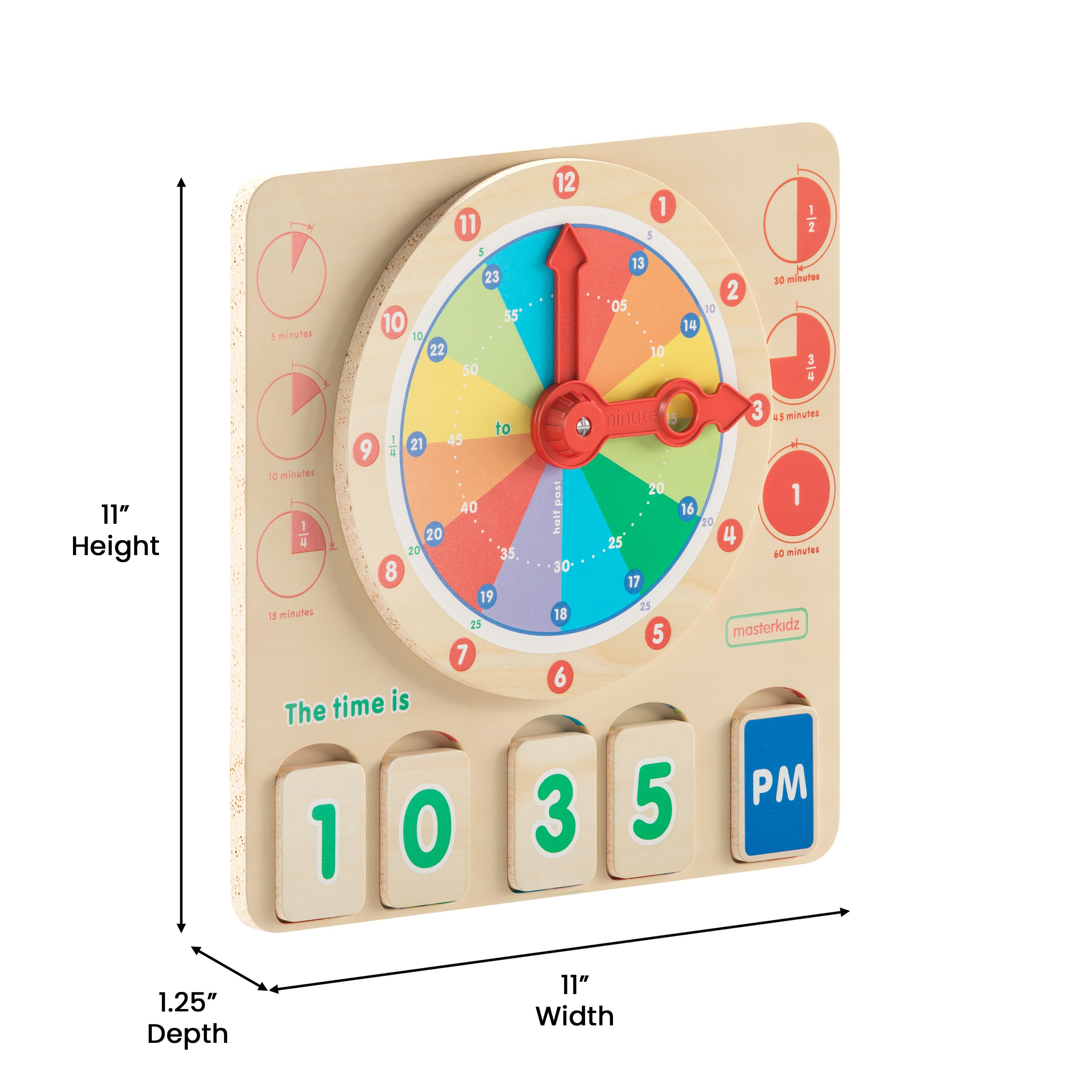 Bright Beginnings Commercial Grade STEM Telling Time Learning Board with Digital and Analog Readings in Natural Finish with Multicolor Accents