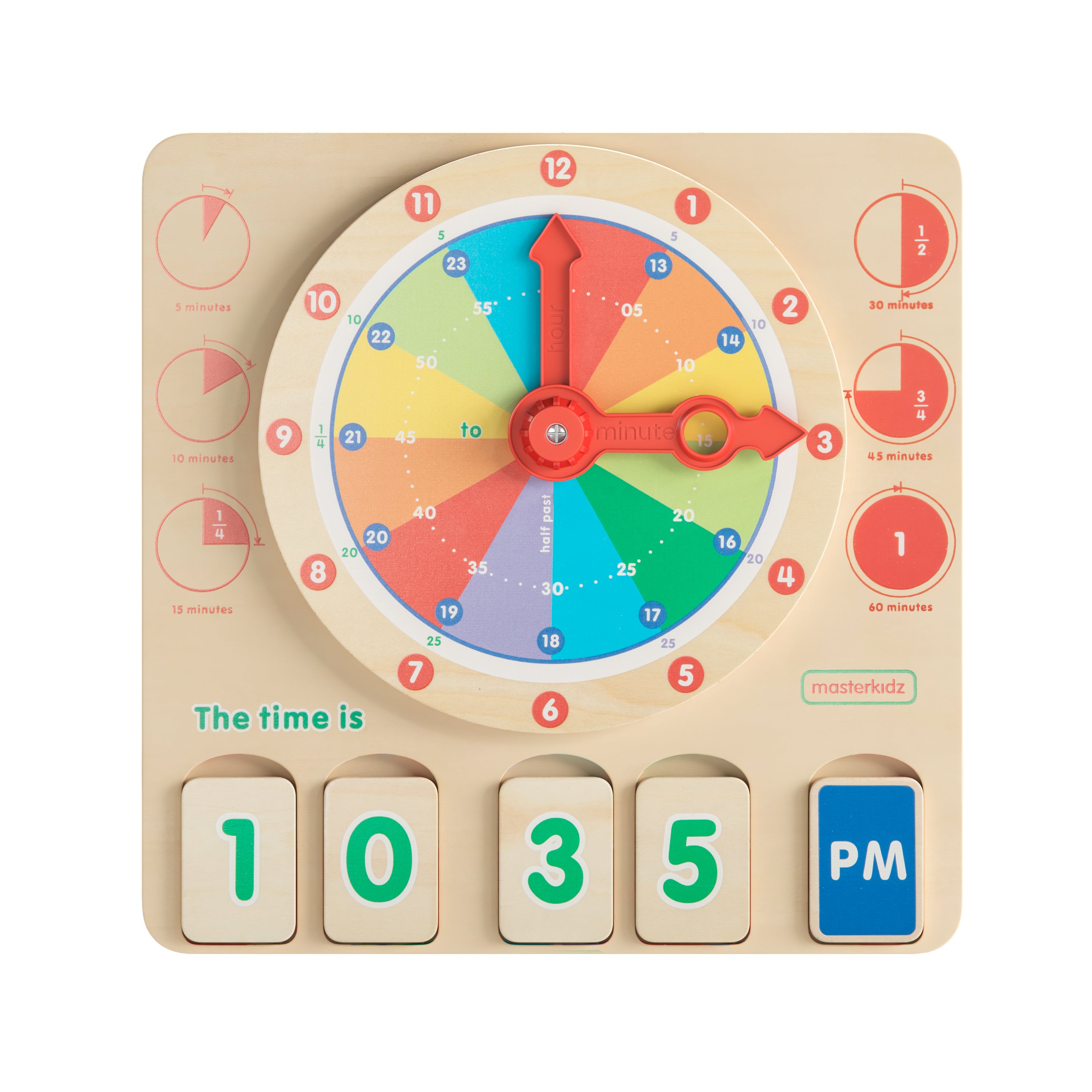 Bright Beginnings Commercial Grade STEM Telling Time Learning Board with Digital and Analog Readings in Natural Finish with Multicolor Accents