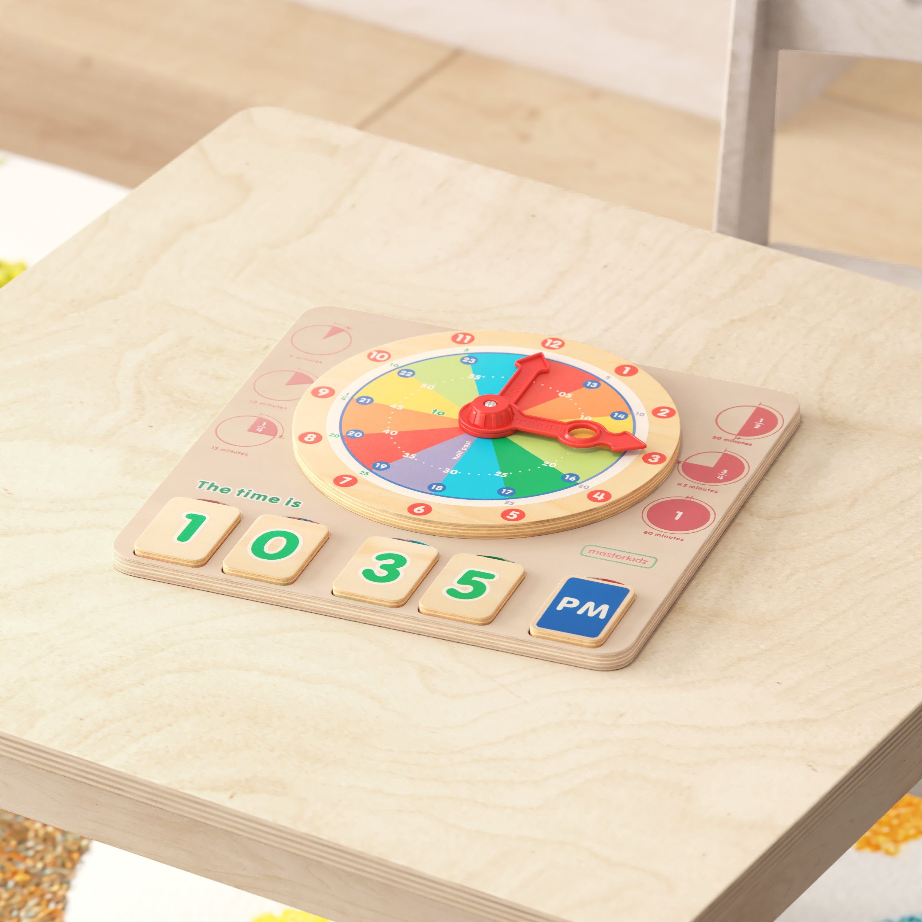 Bright Beginnings Commercial Grade STEM Telling Time Learning Board with Digital and Analog Readings in Natural Finish with Multicolor Accents