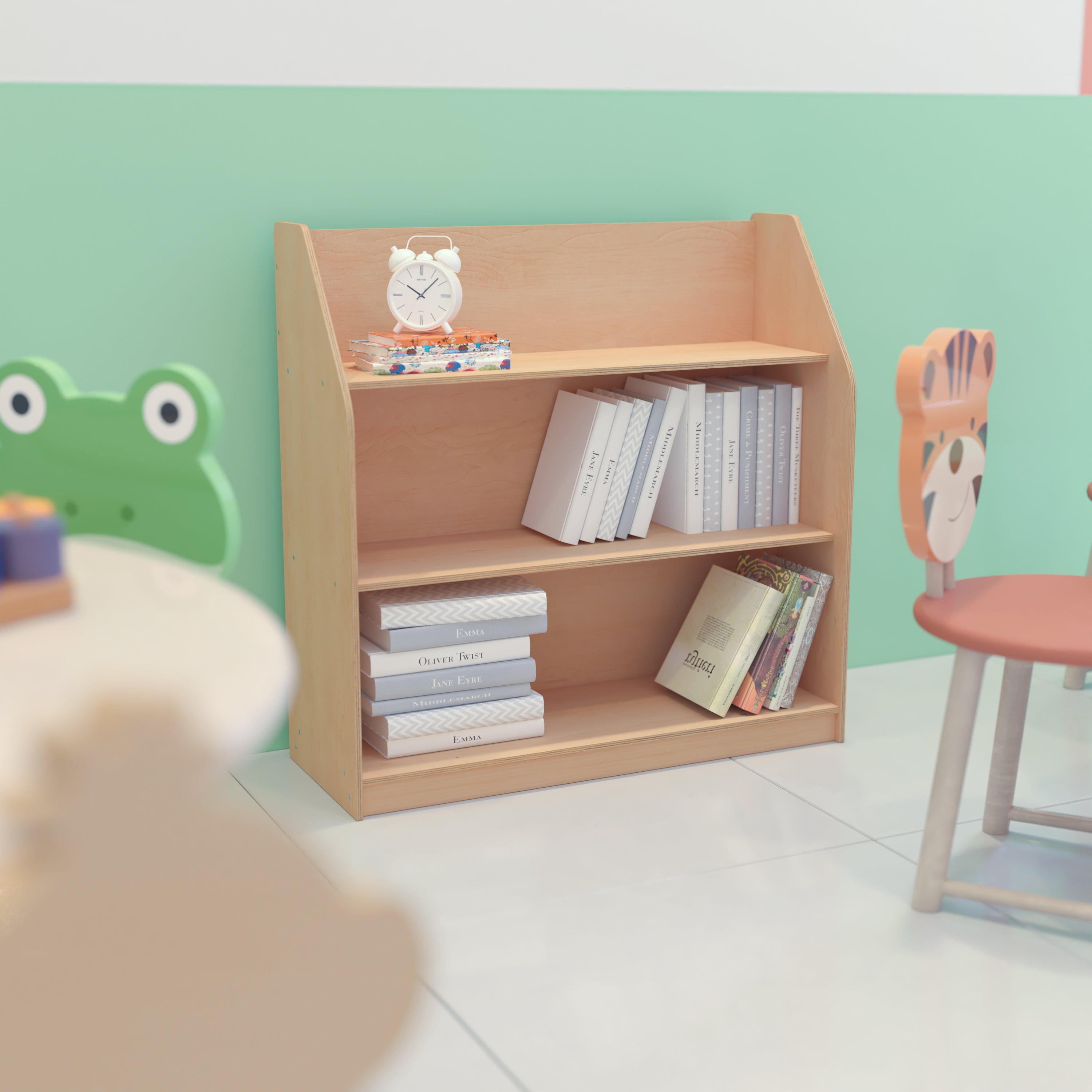 Hercules Natural Wooden 3 Shelf Book Display with Safe, Kid Friendly Curved Edges - Commercial Grade for Daycare, Classroom or Playroom Storage