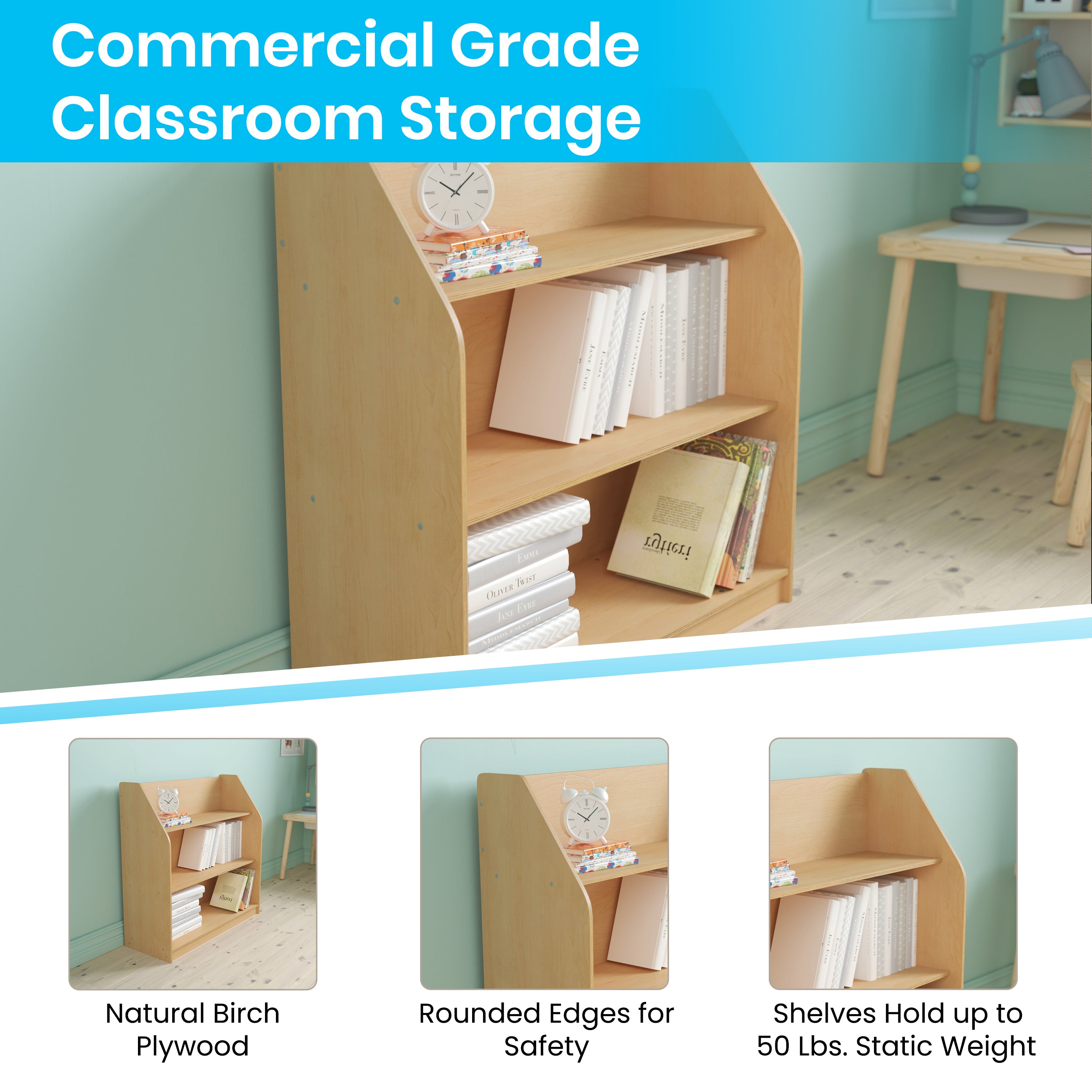 Hercules Natural Wooden 3 Shelf Book Display with Safe, Kid Friendly Curved Edges - Commercial Grade for Daycare, Classroom or Playroom Storage